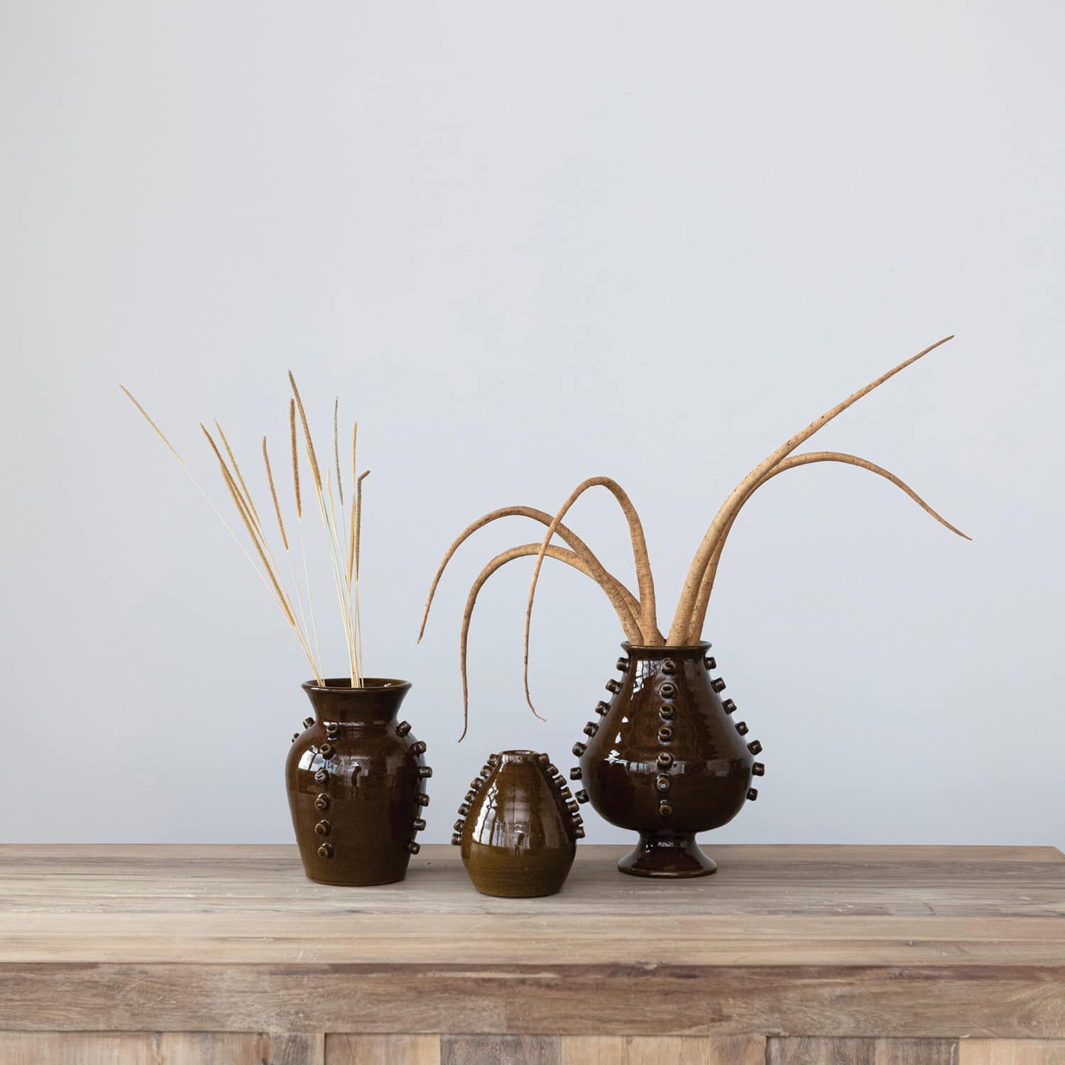 10.25&#x22; Brown Terra Cotta Vase with Hobnails