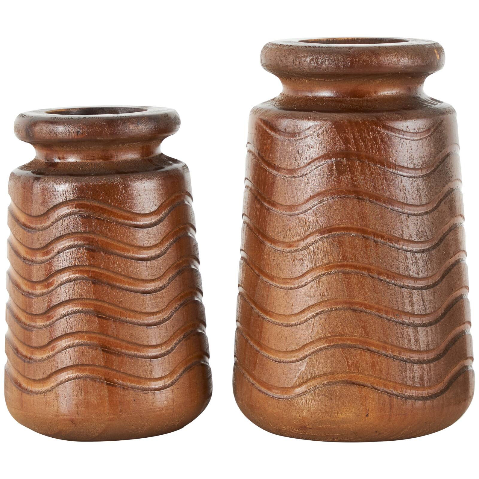 Brown Wood Vase with Carved Wavy Design Set