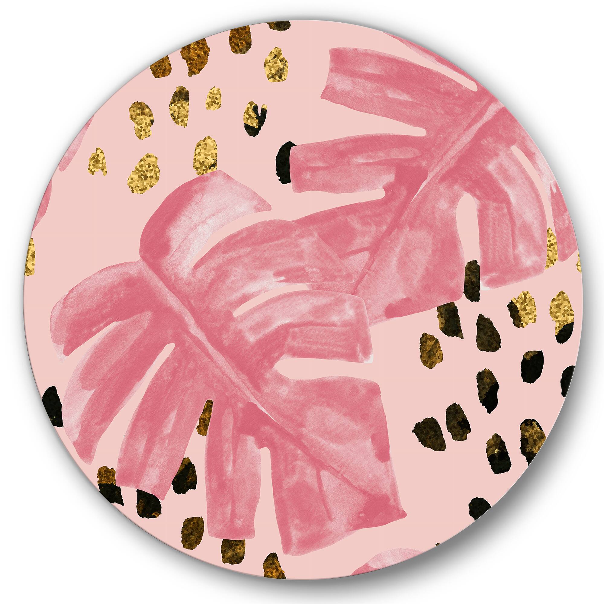 Designart - Pink Colored Monstera On Rough Brush Strokes I - Tropical Metal Circle Wall Art