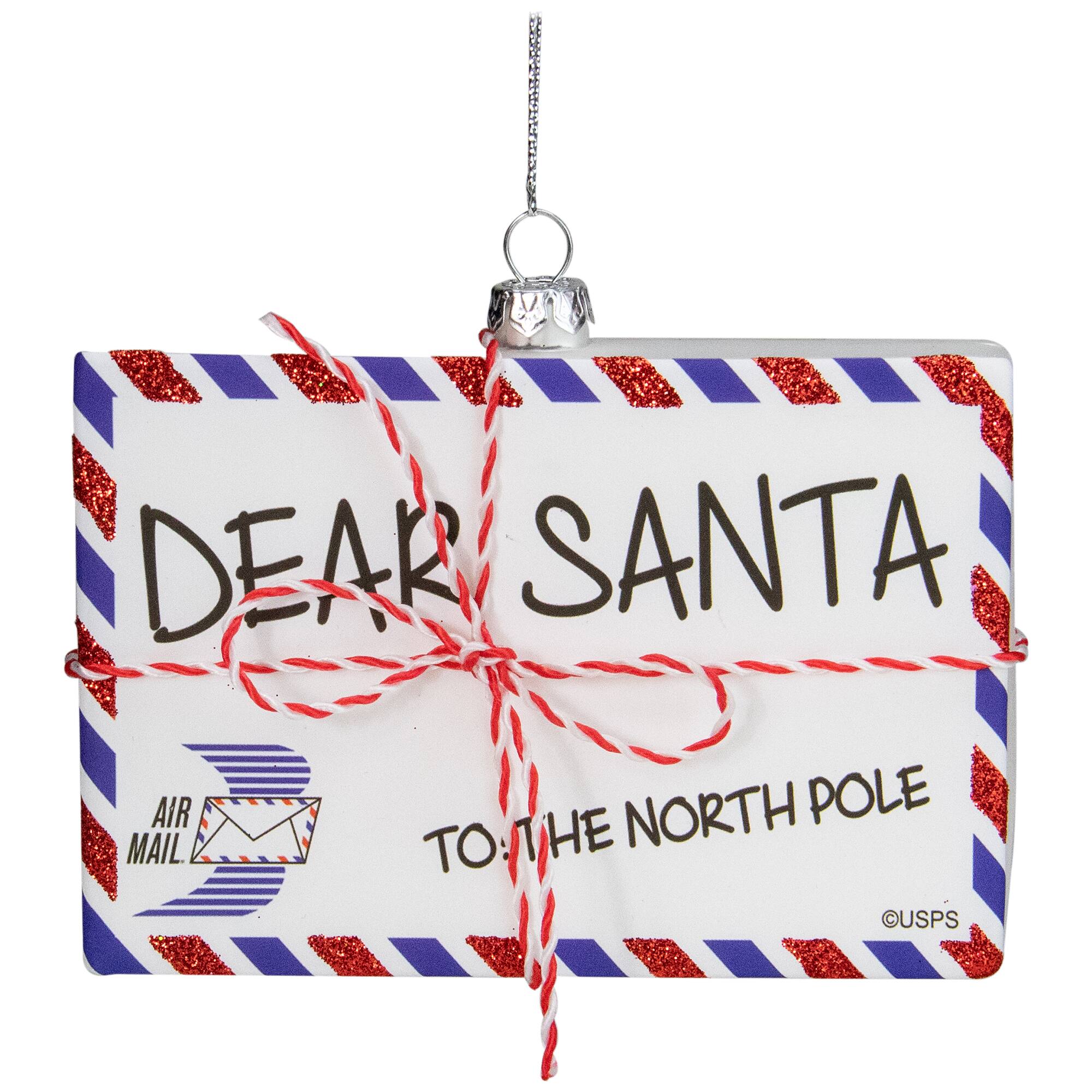 Envelope USPS "Dear Santa" with Stripes Glass Christmas Ornament - 3.5" - Red