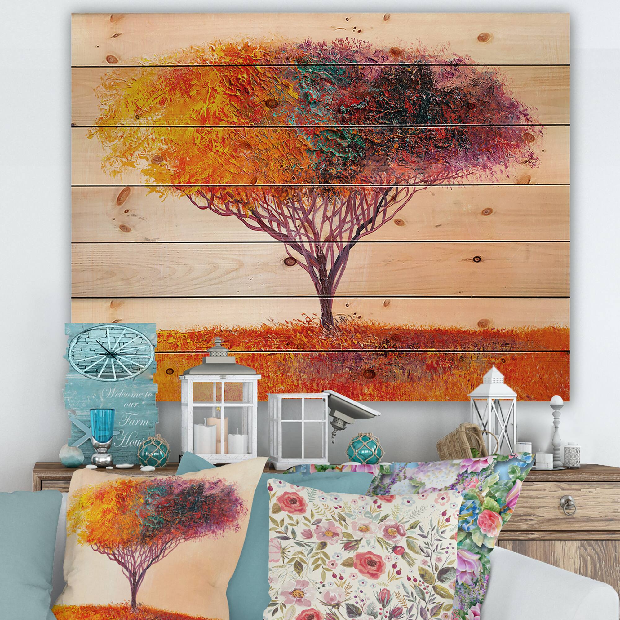 Designart - Landscape Colorful Abstract Tree Impressionist - Modern Print on Natural Pine Wood