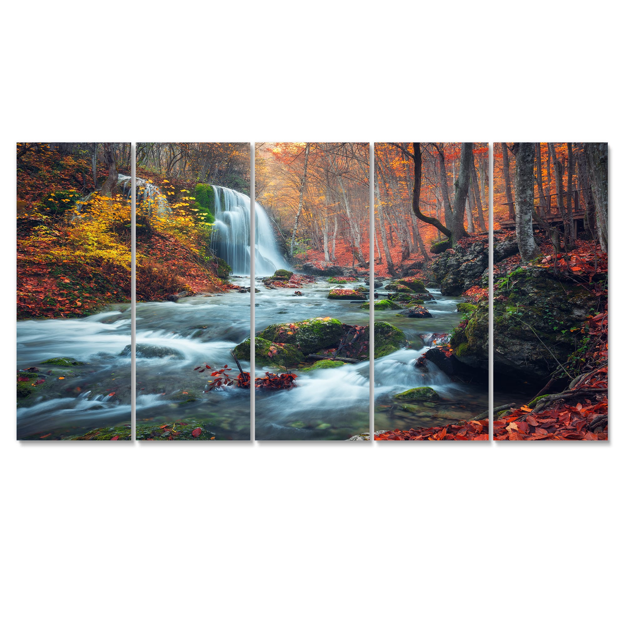 Designart - Autumn Mountain Waterfall Long View - Landscape Photography Canvas Print