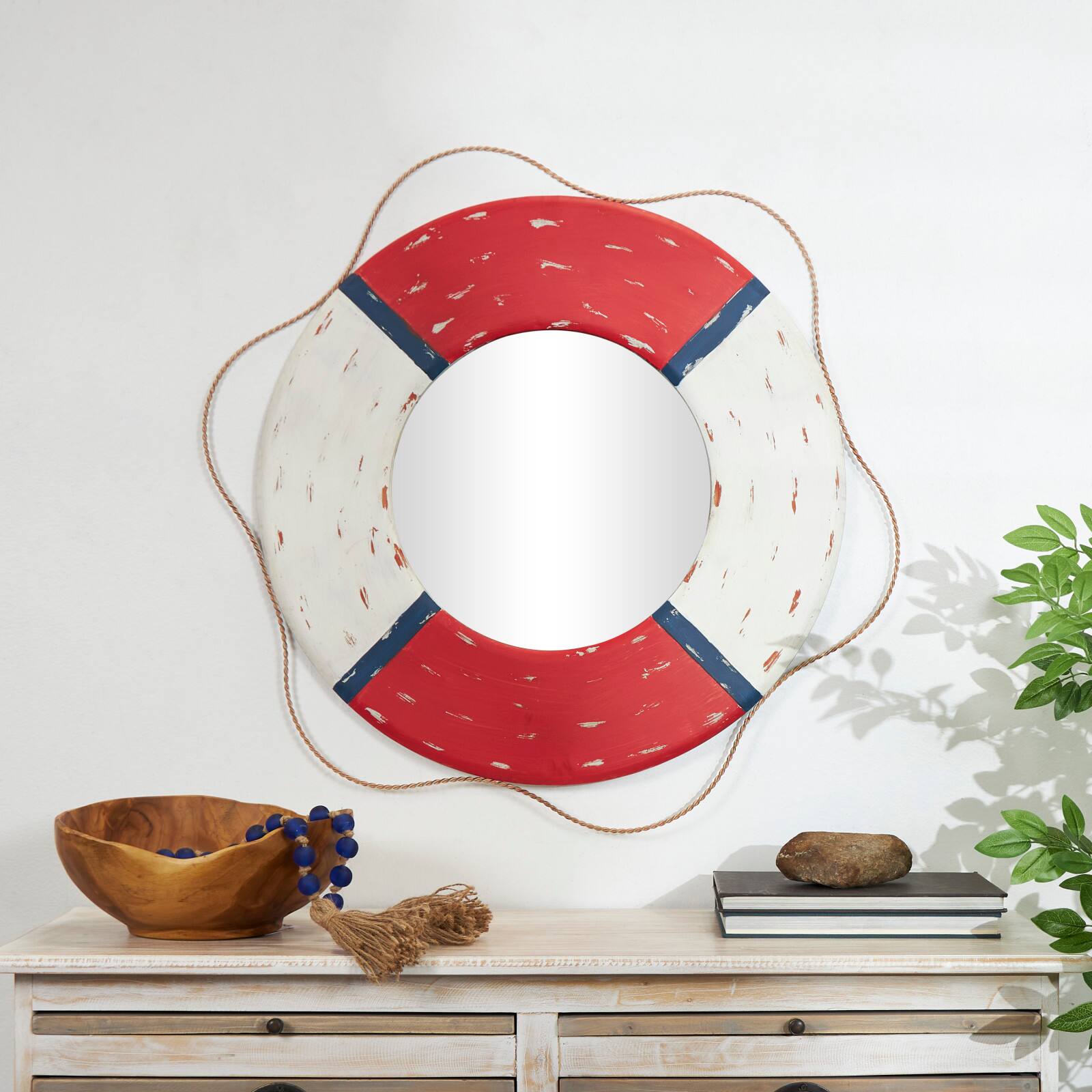 31" Red & White Metal Lifesaver Wall Mirror