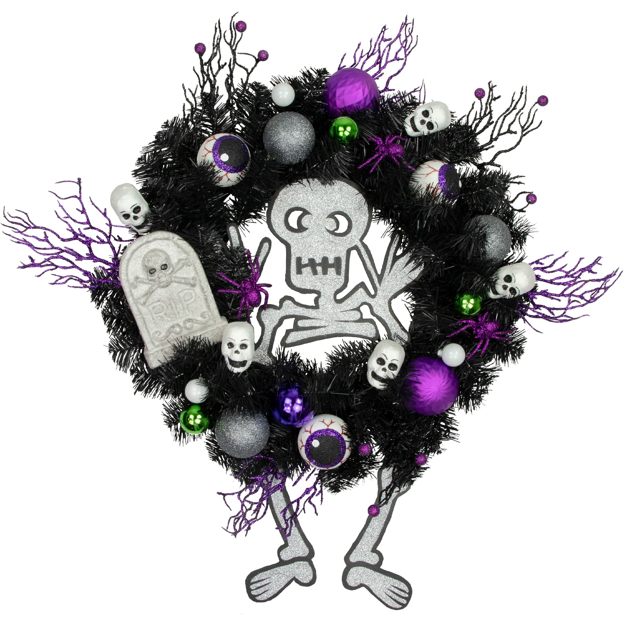 24&#x27;&#x27; Unlit Purple and Black Spooky Skeleton Pine Halloween Wreath