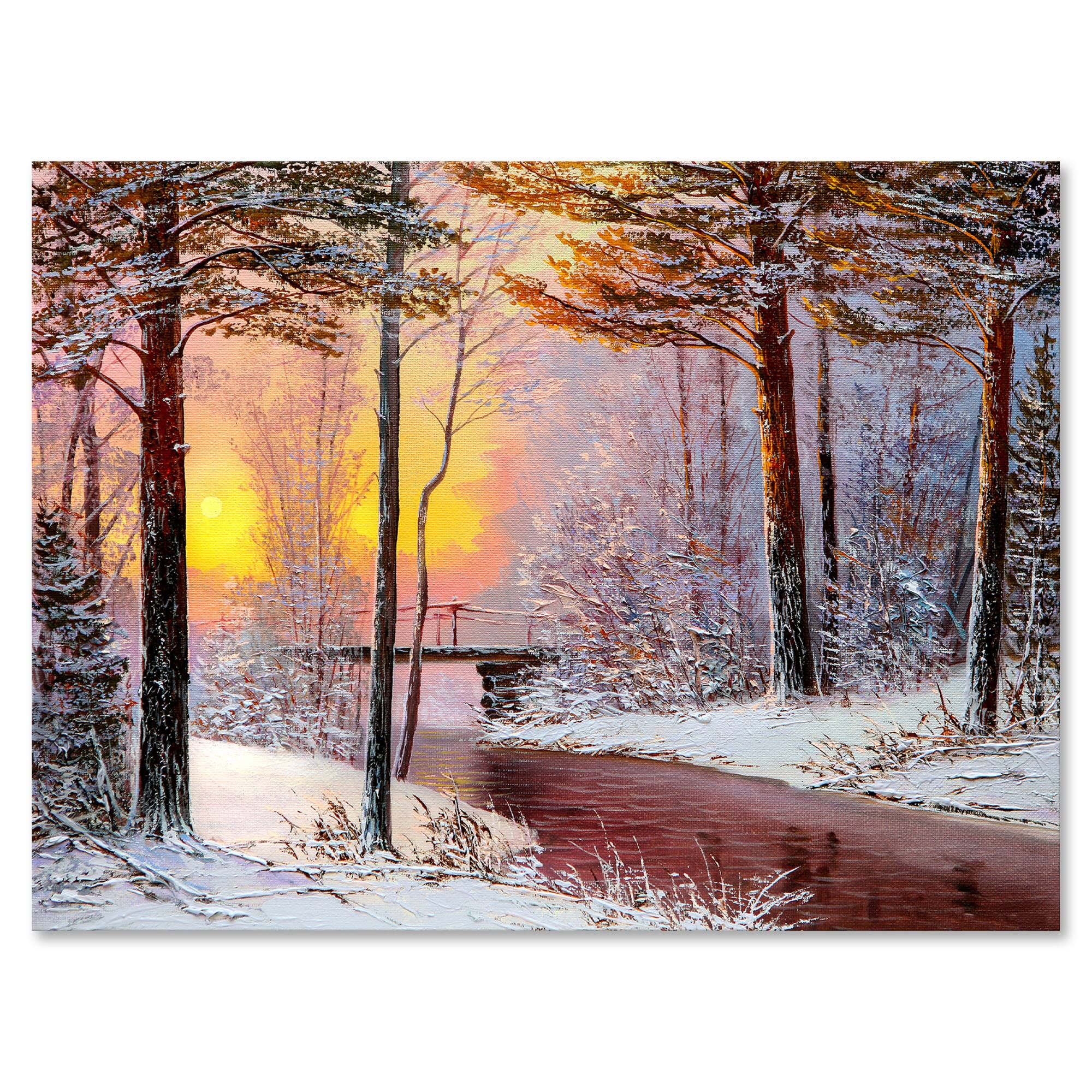 Designart Christmas Forest with River & Trees IV Traditional Canvas Wall Art