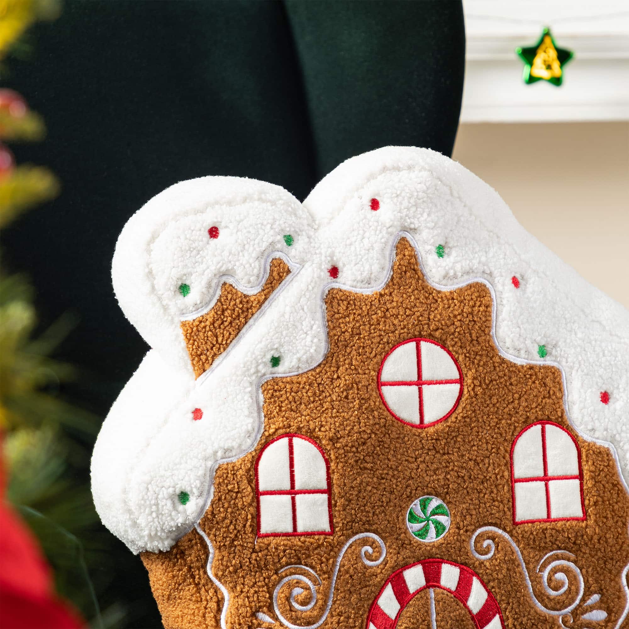 Glitzhome&#xAE; 17&#x22;H Christmas Gingerbread House Shaped Pillow