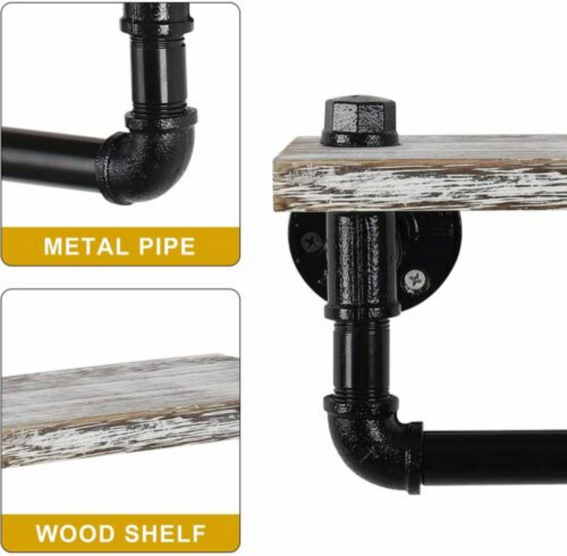 Black Industrial Wall-Mounted Rustic Toilet Paper Holder with Wood Shelf