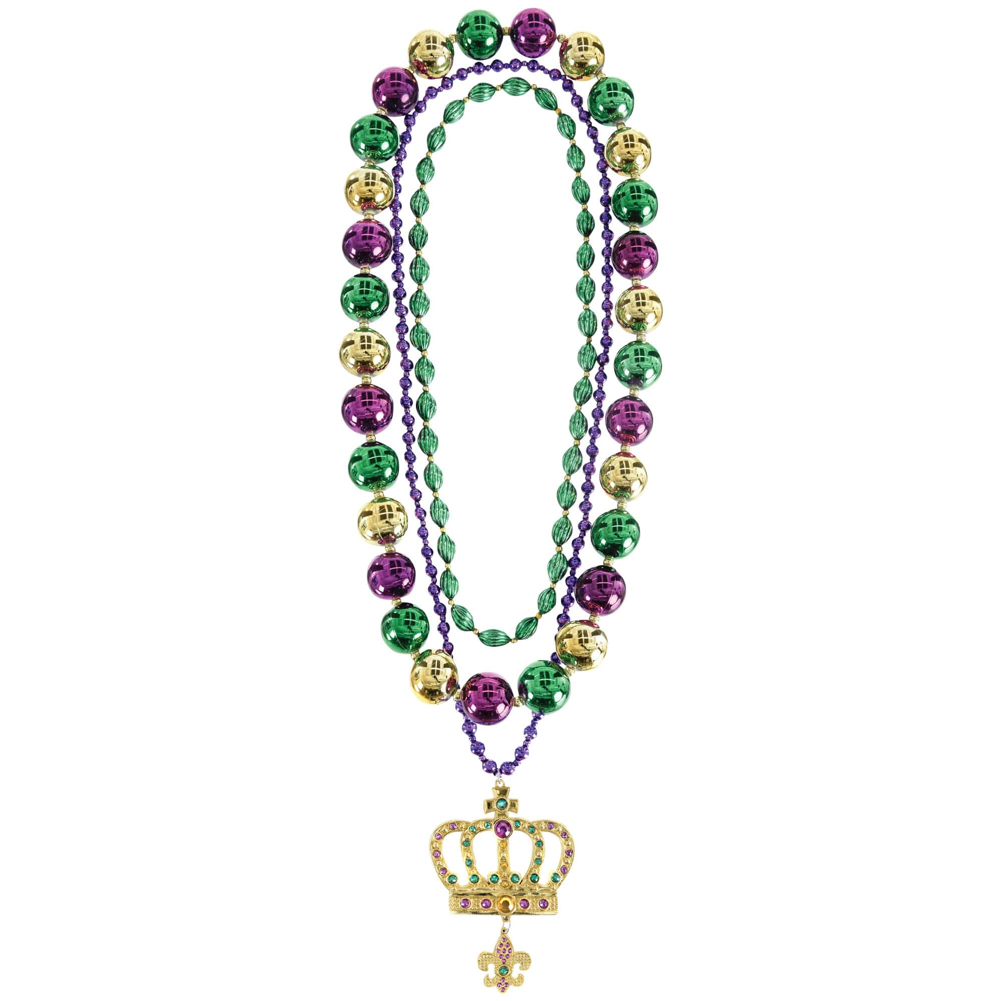 Layered Mardi Gras Crown Pendant Beaded Necklace Set