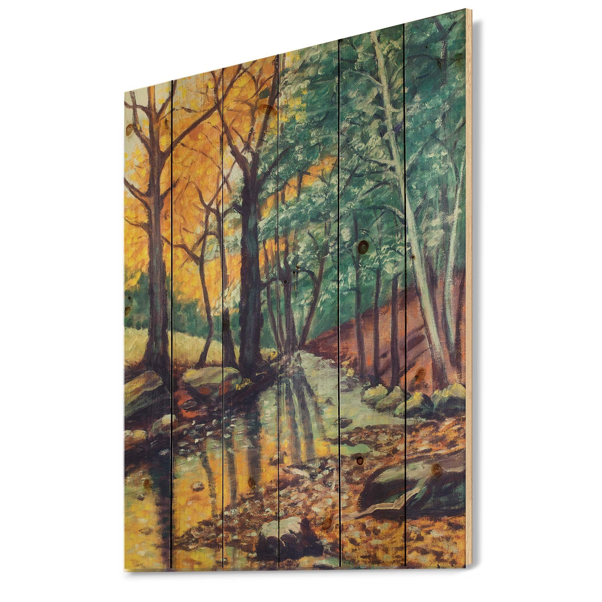 Designart - Landscape With River In Autumn Forest Sunset - Traditional Print on Natural Pine Wood