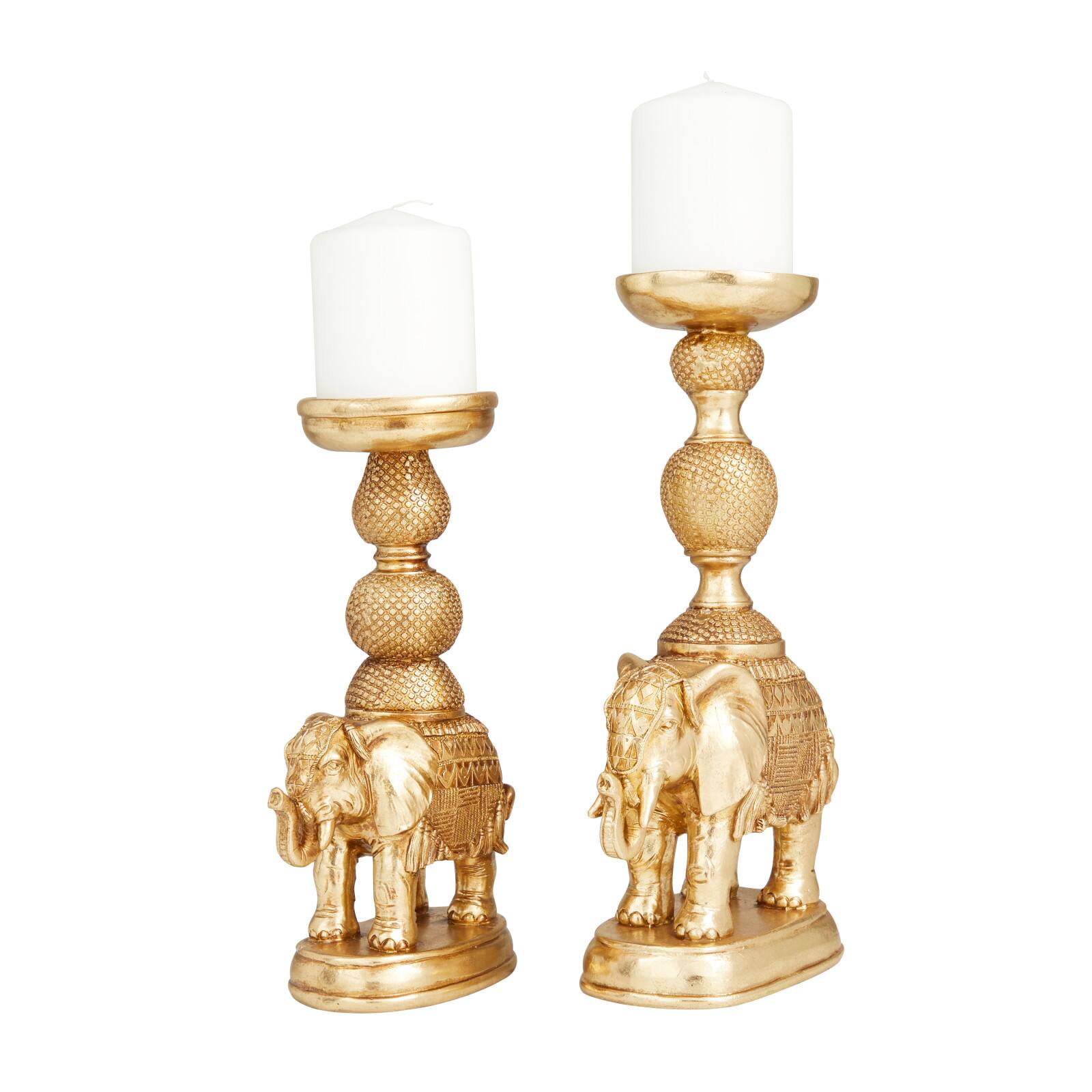 Set of 2 Gold Polystone Traditional Candle Holders, 13" x 4" x 6"