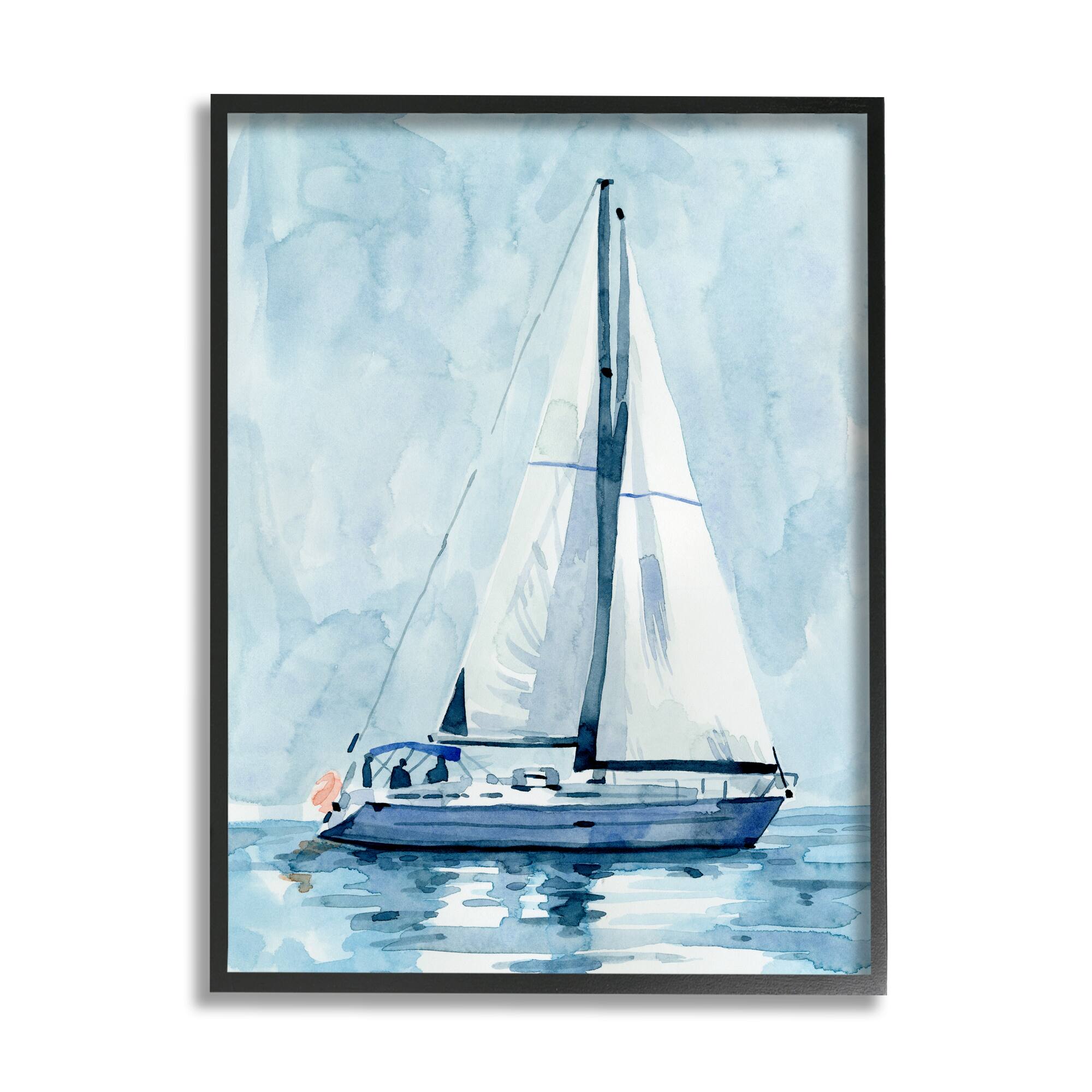 Stupell Industries Nautical Blue Sailboat Tranquil Coastal Water Watercolor Painting Framed Wall Art