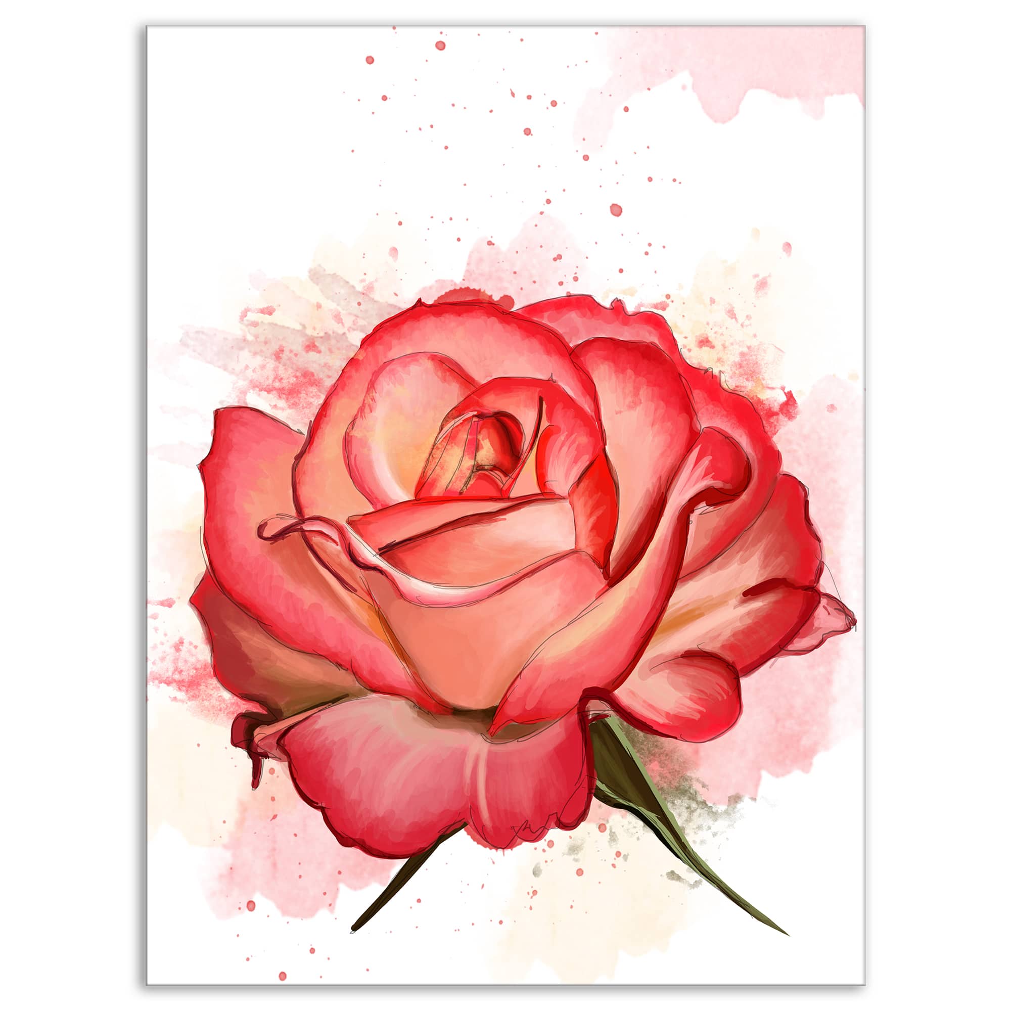 Designart - Red Rose with Splashes - Floral Canvas Art Print