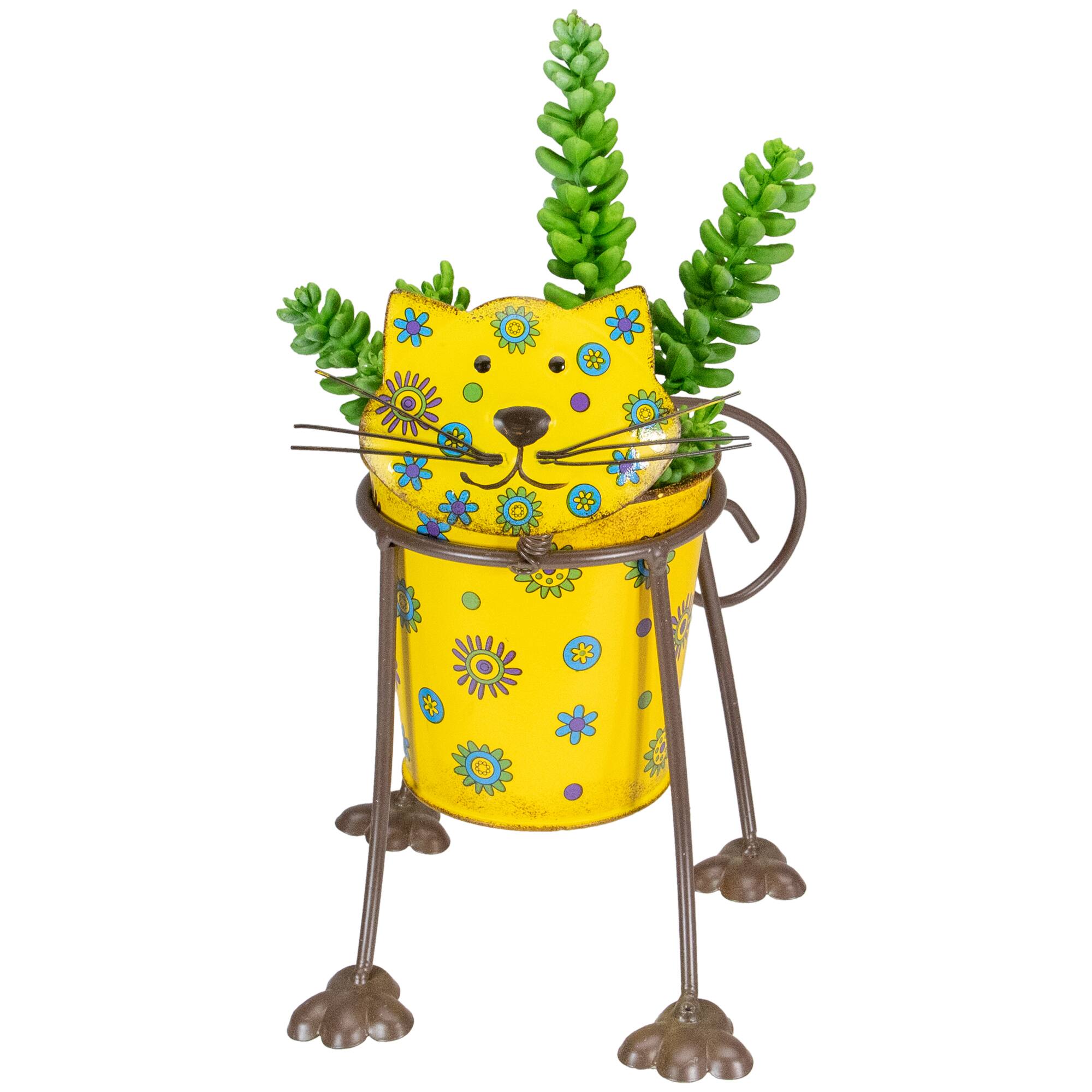 9&#x22; Yellow Floral Metal Cat Garden Planter