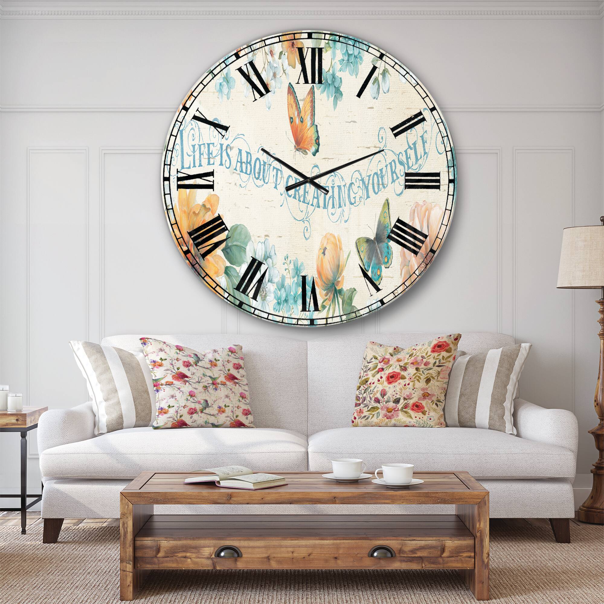 Designart Butterfly Bloom Lovely Quote Farmhouse Wall Clock