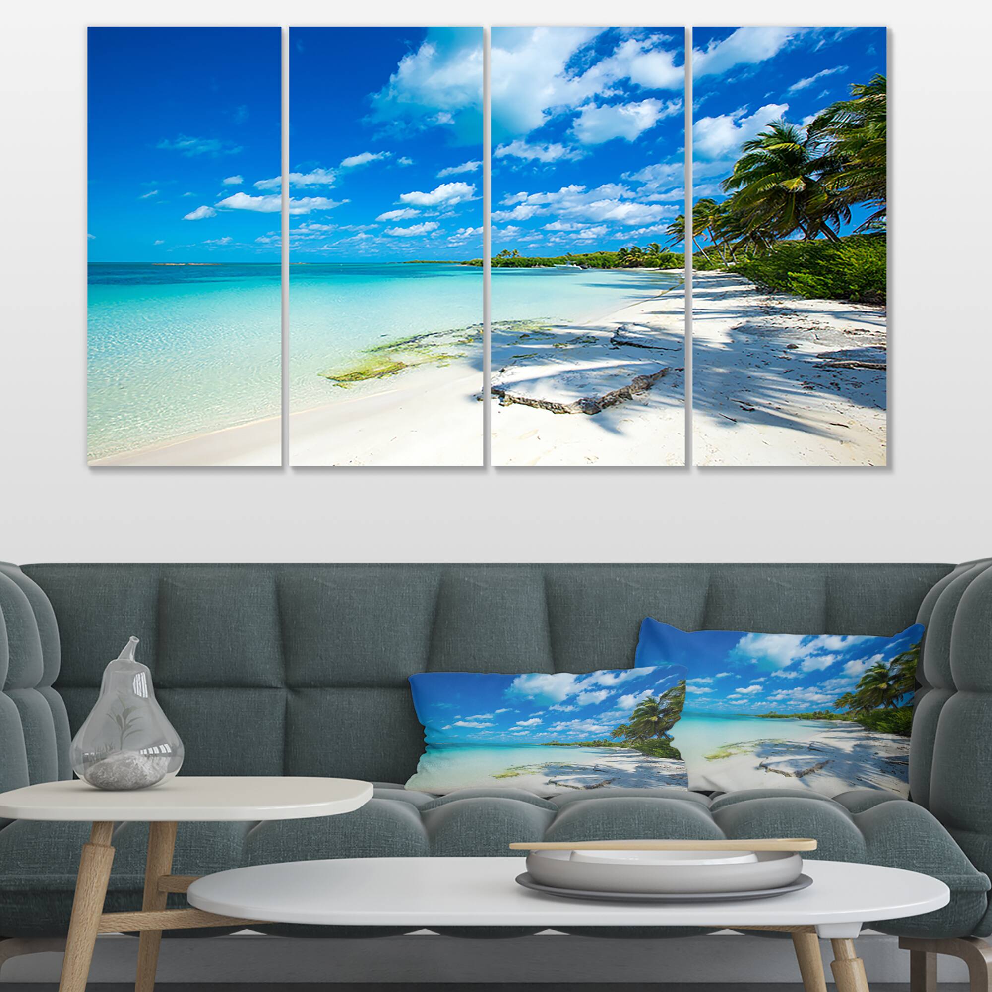 Designart - Tropical Beach with Palm Shadows - Large Seashore Canvas Print