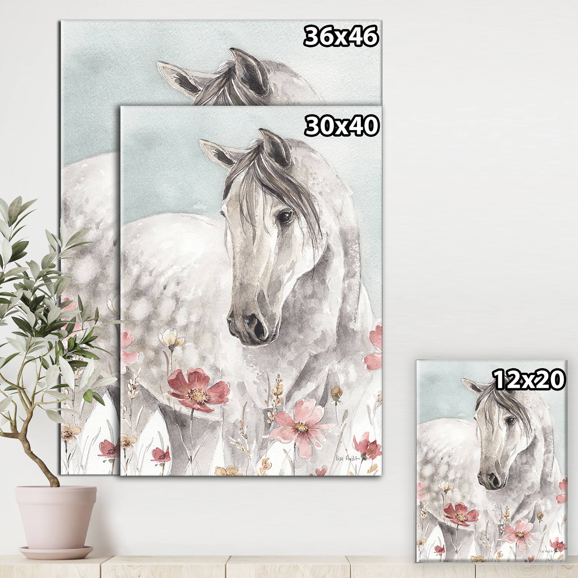 Designart - watercolors Pink Wild Horses II - Farmhouse Premium Canvas Wall Art