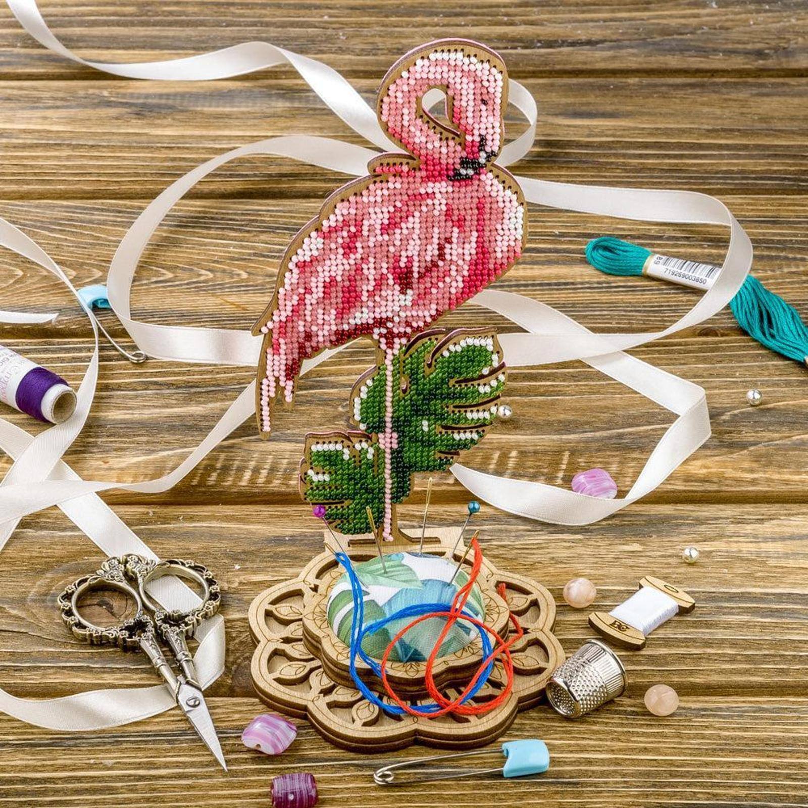 Wonderland Crafts Flamingo Bead Embroidery on Wood Kit