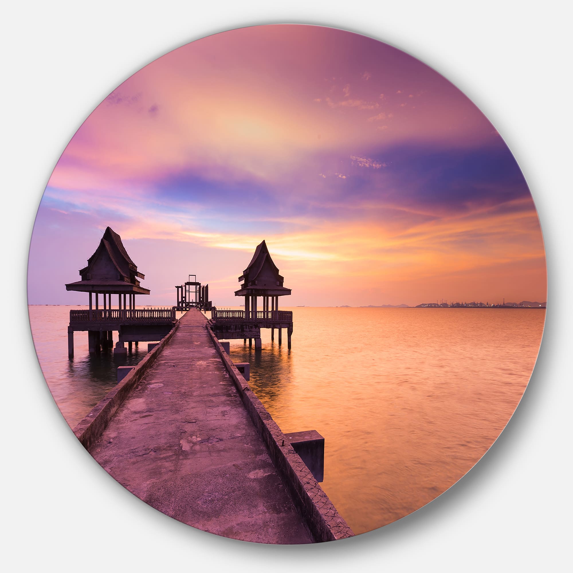 Designart - Walking Path to Abandoned Temple' Ultra Glossy Sea Bridge Metal Circle Wall Art