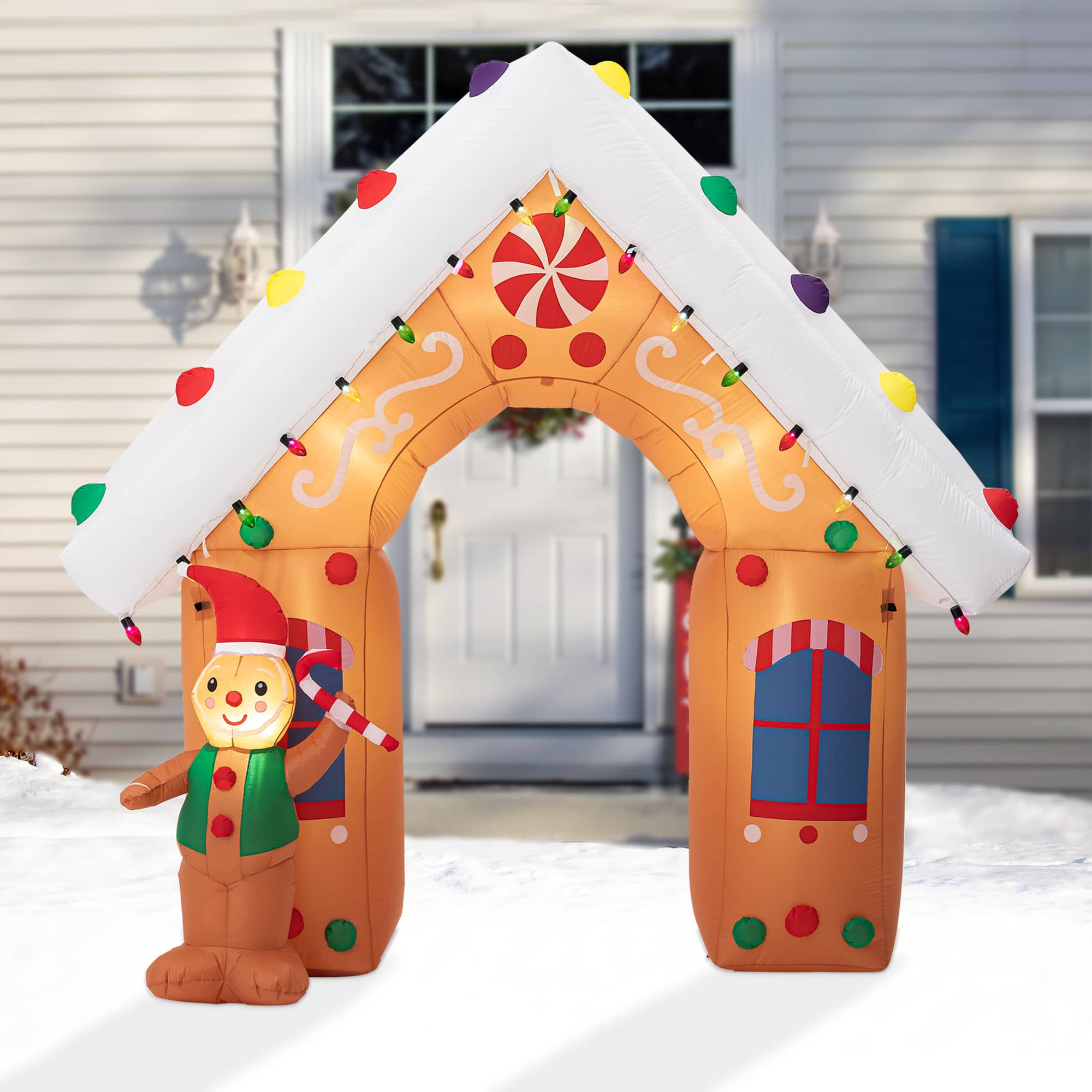 Glitzhome&#xAE; 8ft. LED Lighted Gingerbread House Inflatable D&#xE9;cor