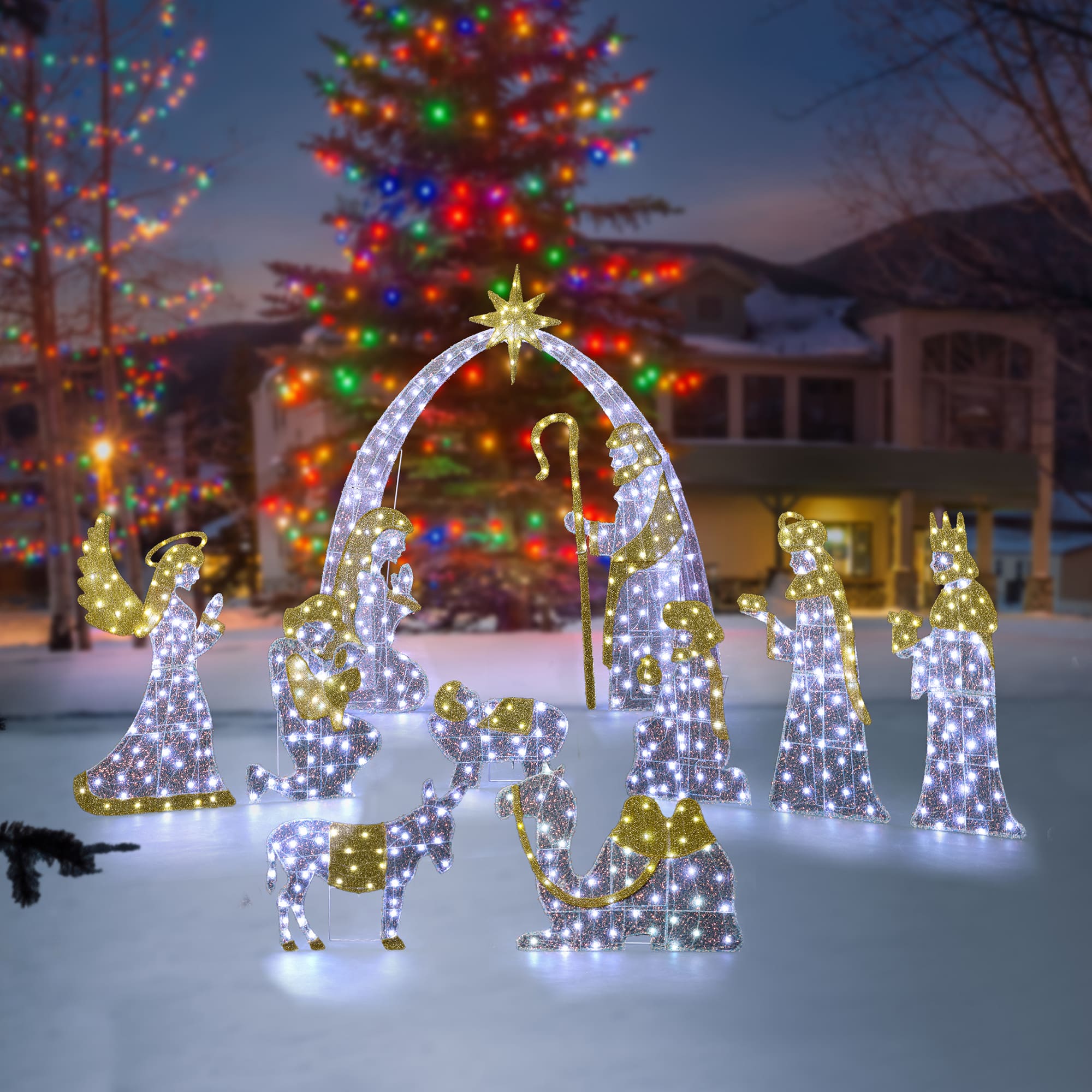Glitzhome&#xAE; 55&#x22;H Lighted Christmas 2D Iridescent Fabric Nativity Scene Outdoor Decor Set