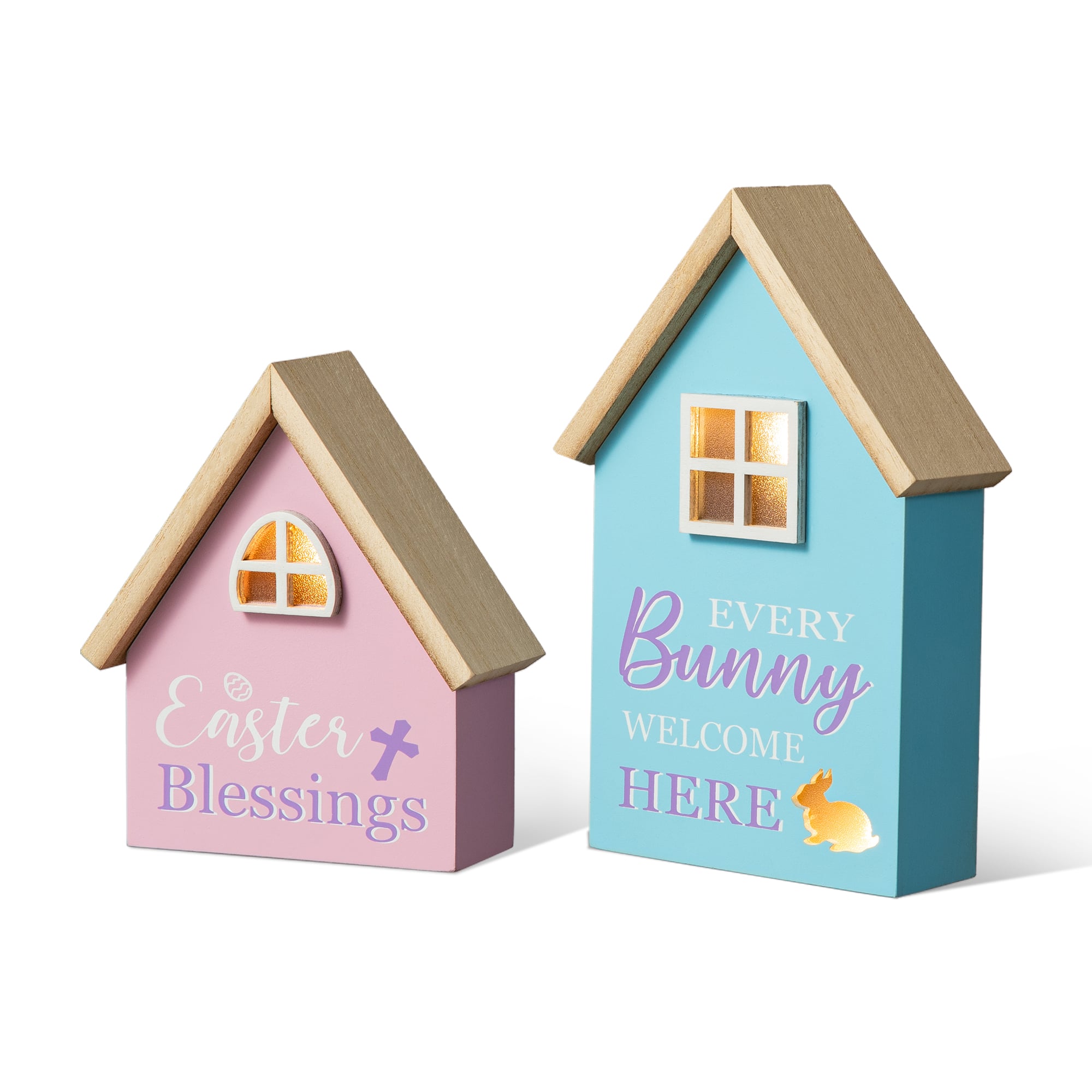 Glitzhome® Lighted Easter Wooden House-Shaped Table Décor Set