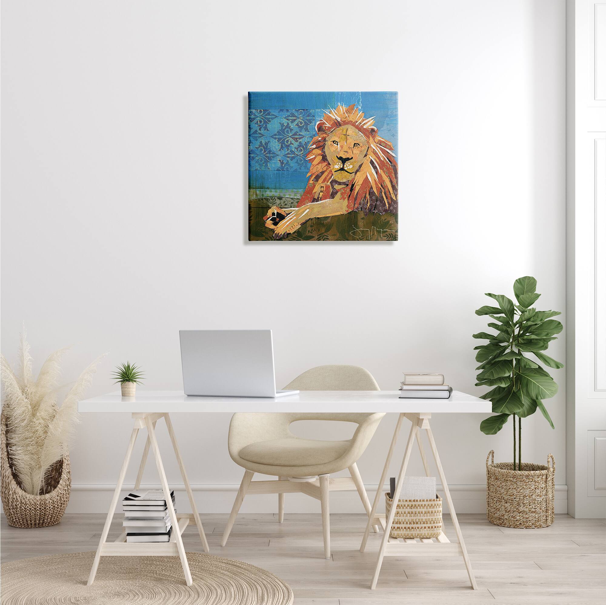 Stupell Industries Safari Lion Abstract Shape Collage Blue Orange Canvas Wall Art