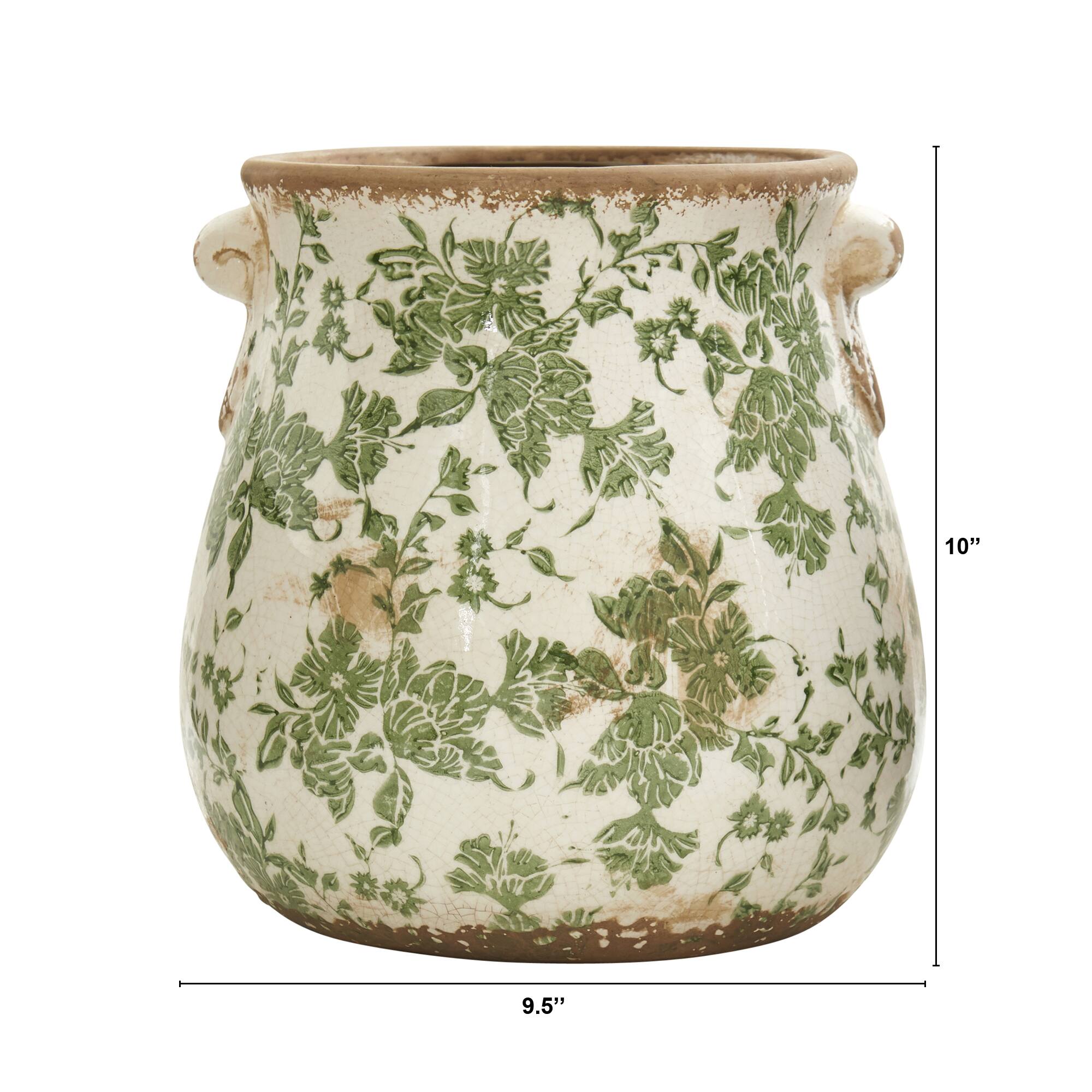 10&#x22; Tuscan Ceramic Green Scroll Planter