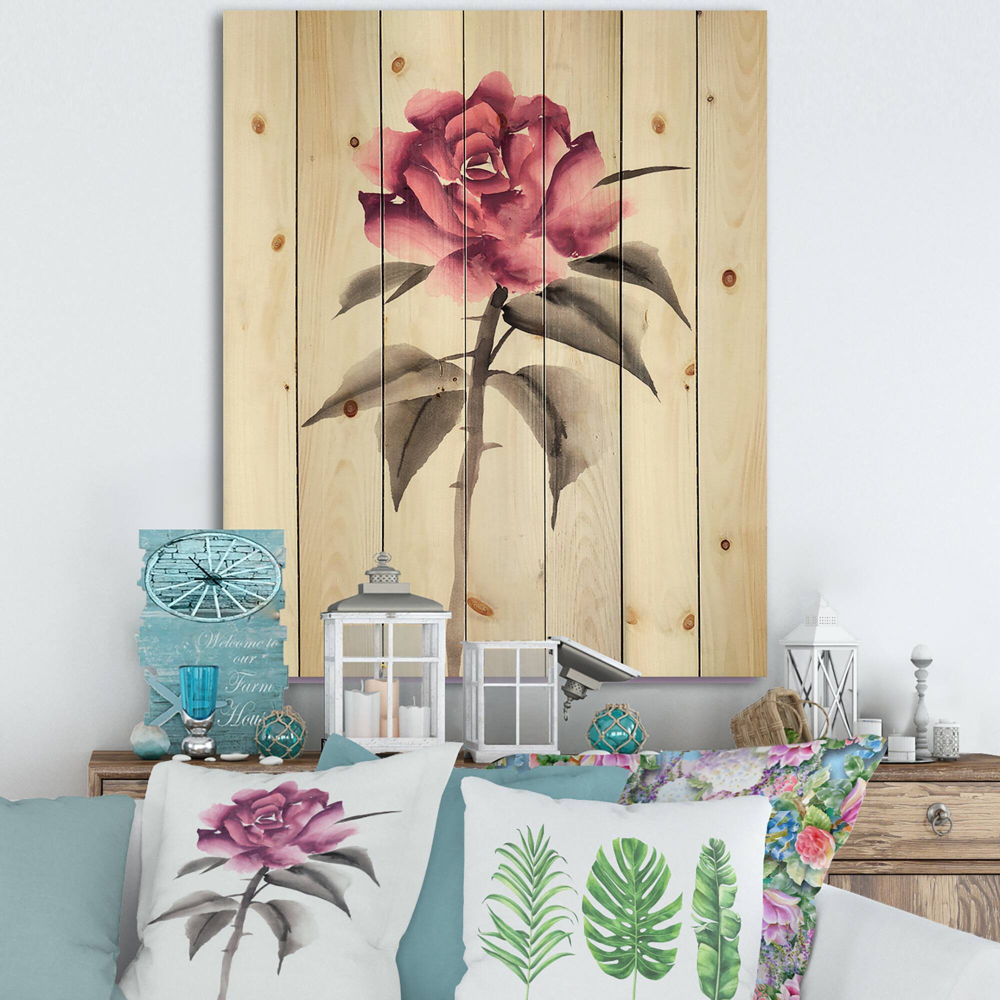 Designart - Vintage Pink Rose Flower - Traditional Print on Natural Pine Wood