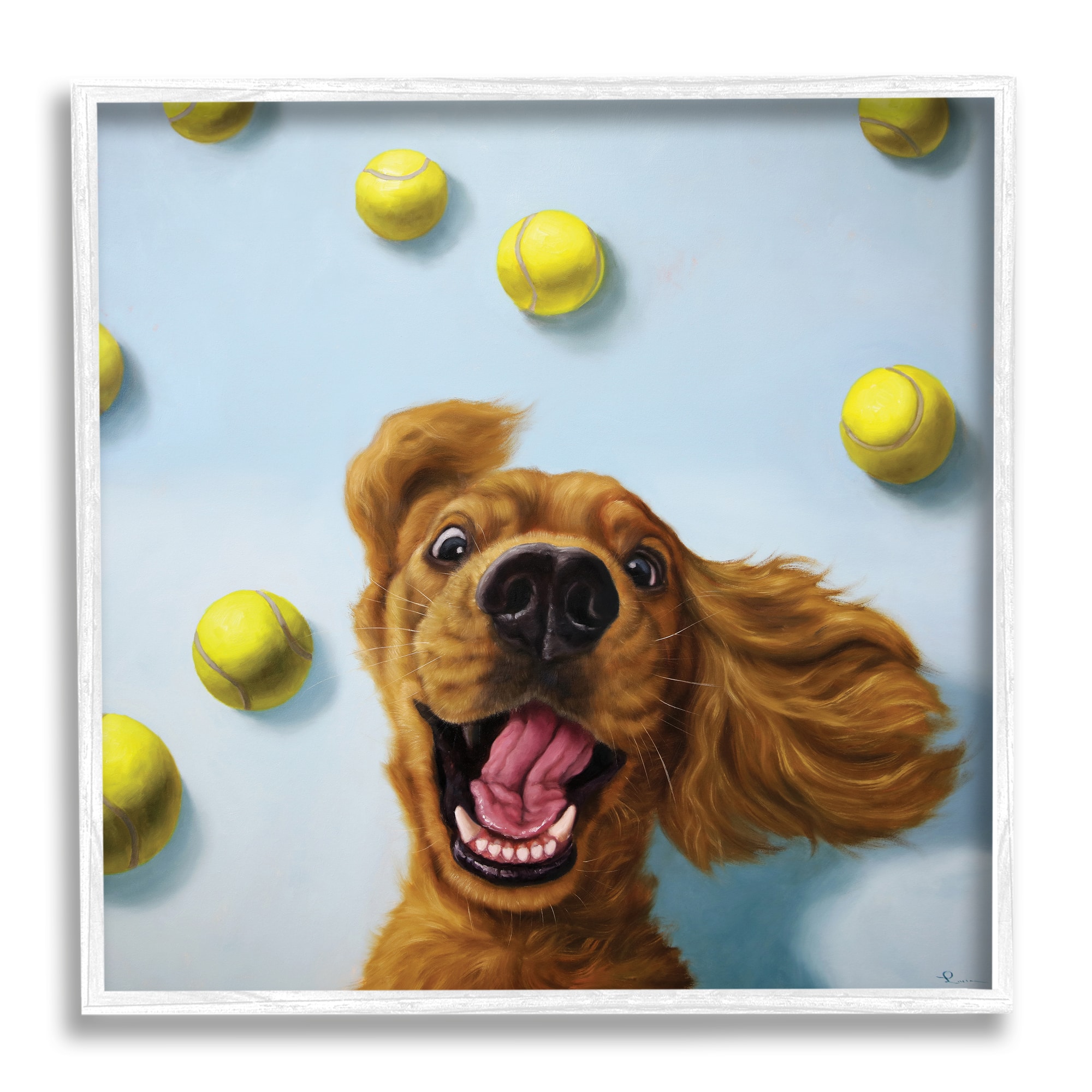 Stupell Industries Happy Smiling Pet Dog with Yellow Tennis Balls in White Frame Wall Art