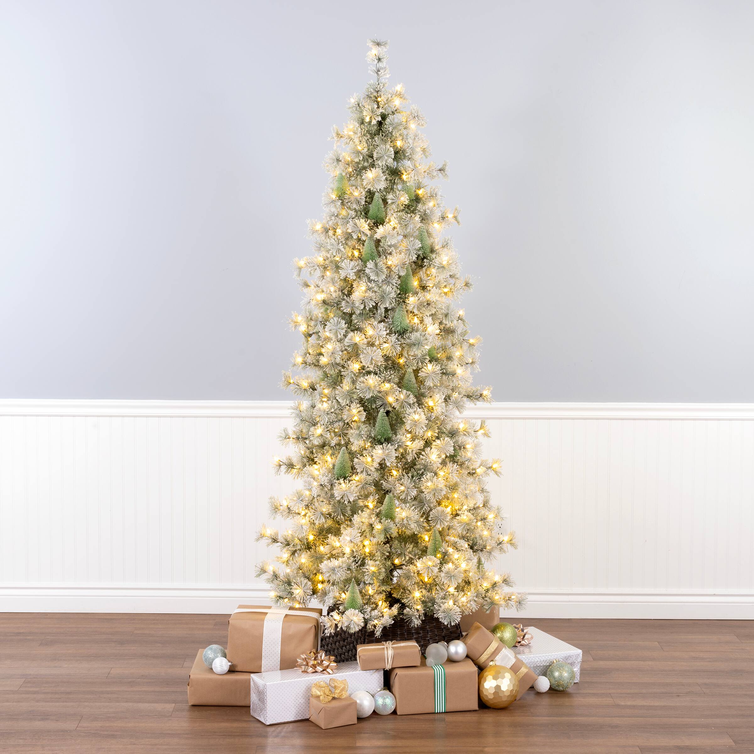 7.5ft. Pre-Lit Snowy Bottle Brush Slim Artificial Christmas Tree, Clear Lights