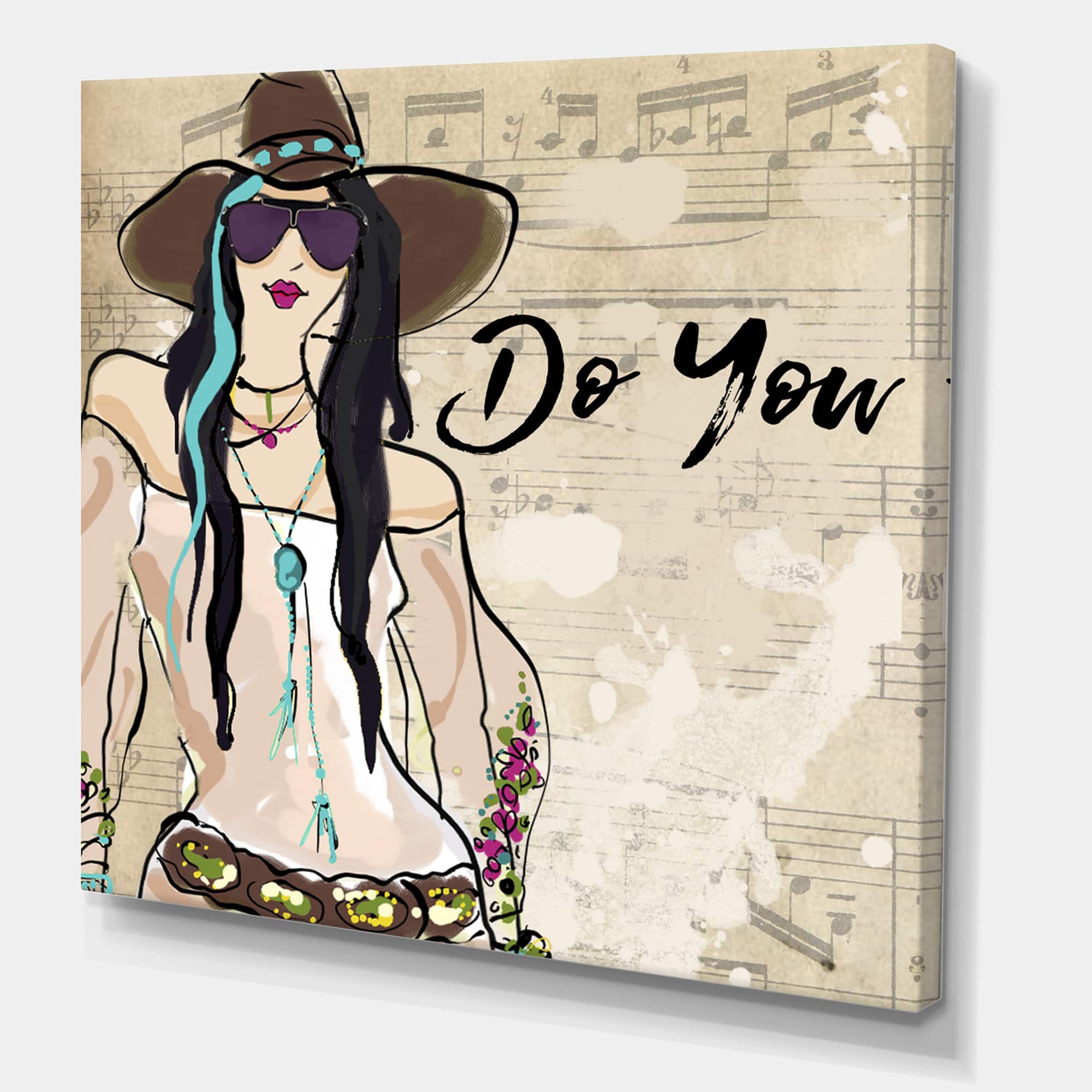Designart - Hippy Girl On Old Style Music Score - Fashion Canvas Artwork