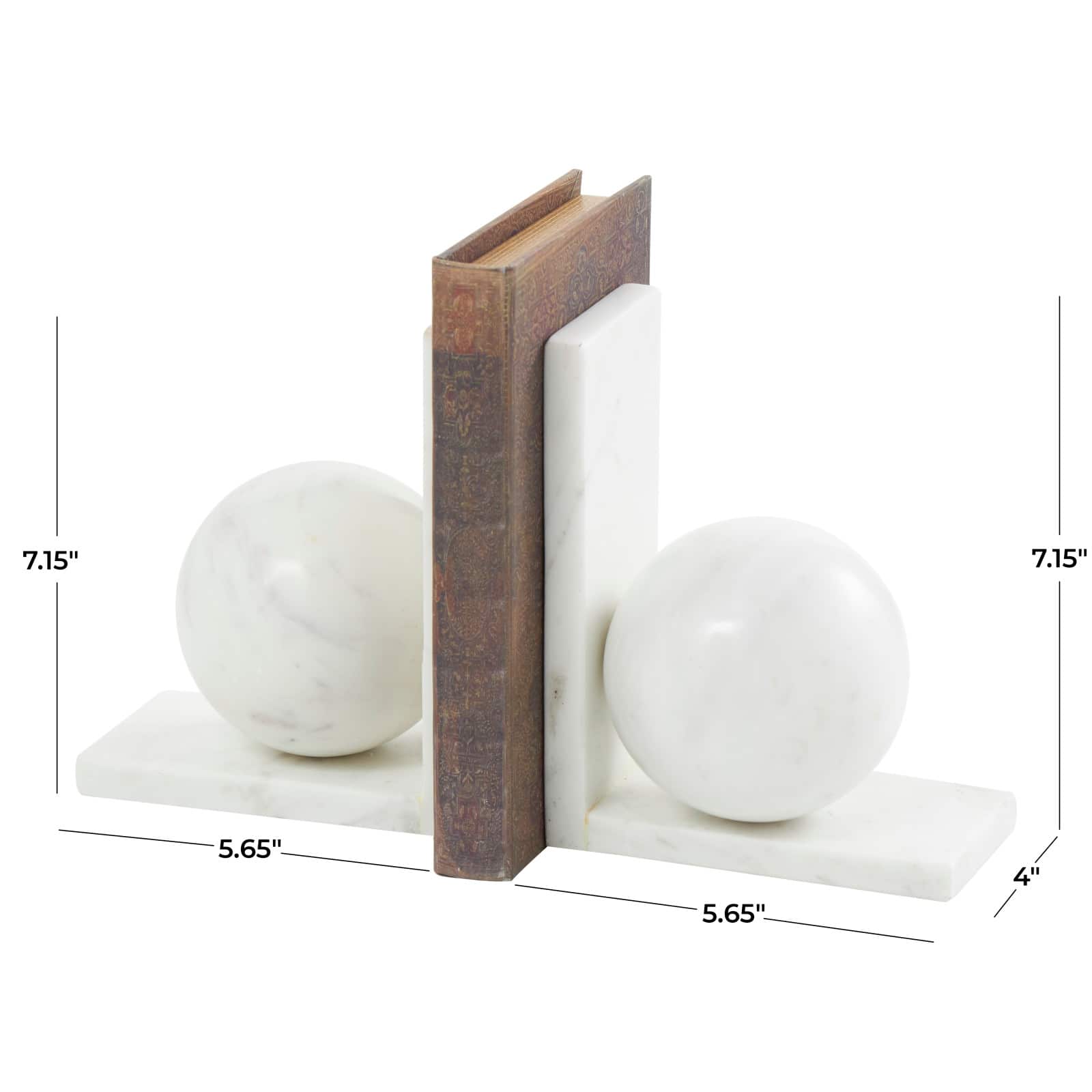 7" White Marble Sleek Orb Geometric Bookends with L-Shaped Bases Set