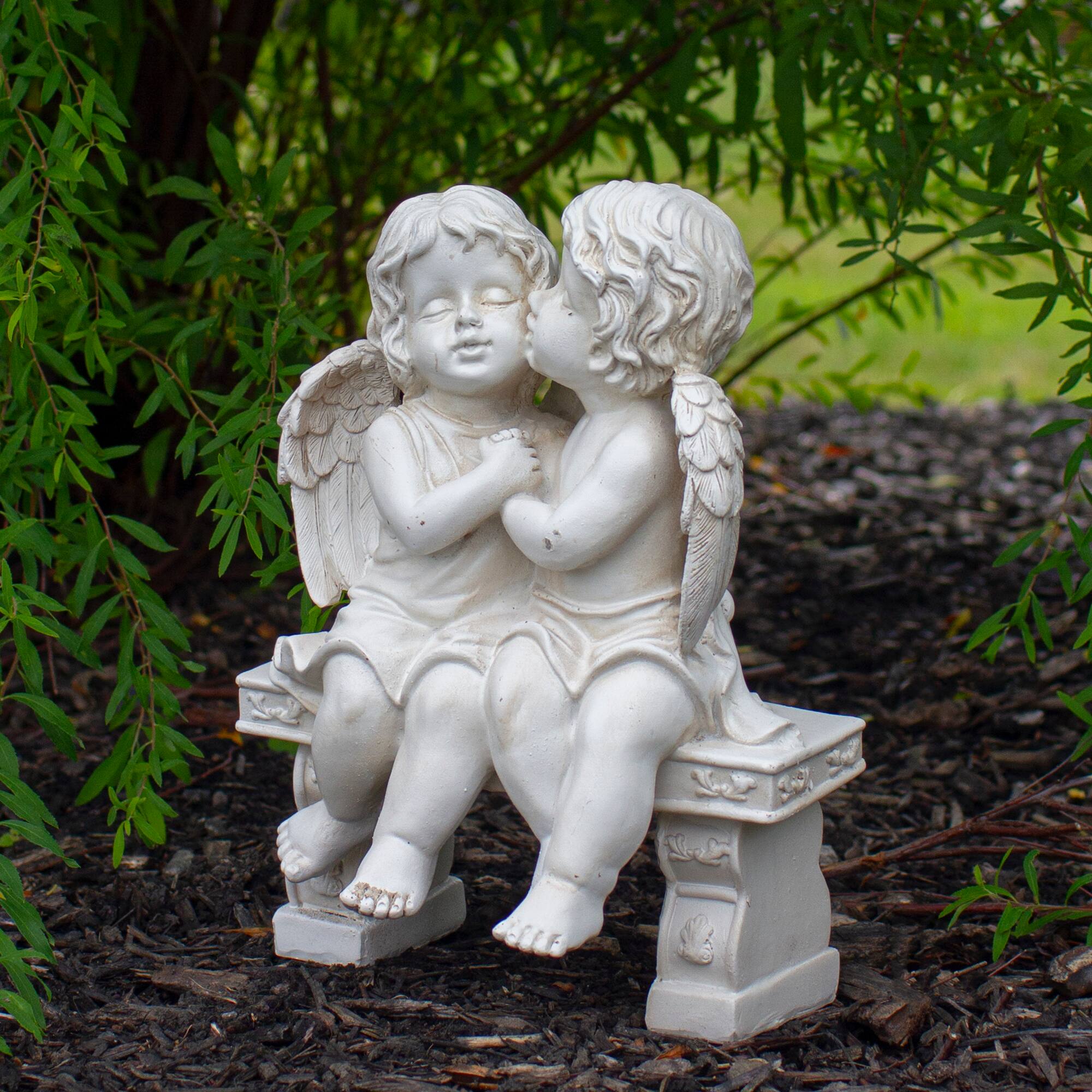 9.75" Kissing Cherubs Sitting on Bench Outdoor Garden Statue