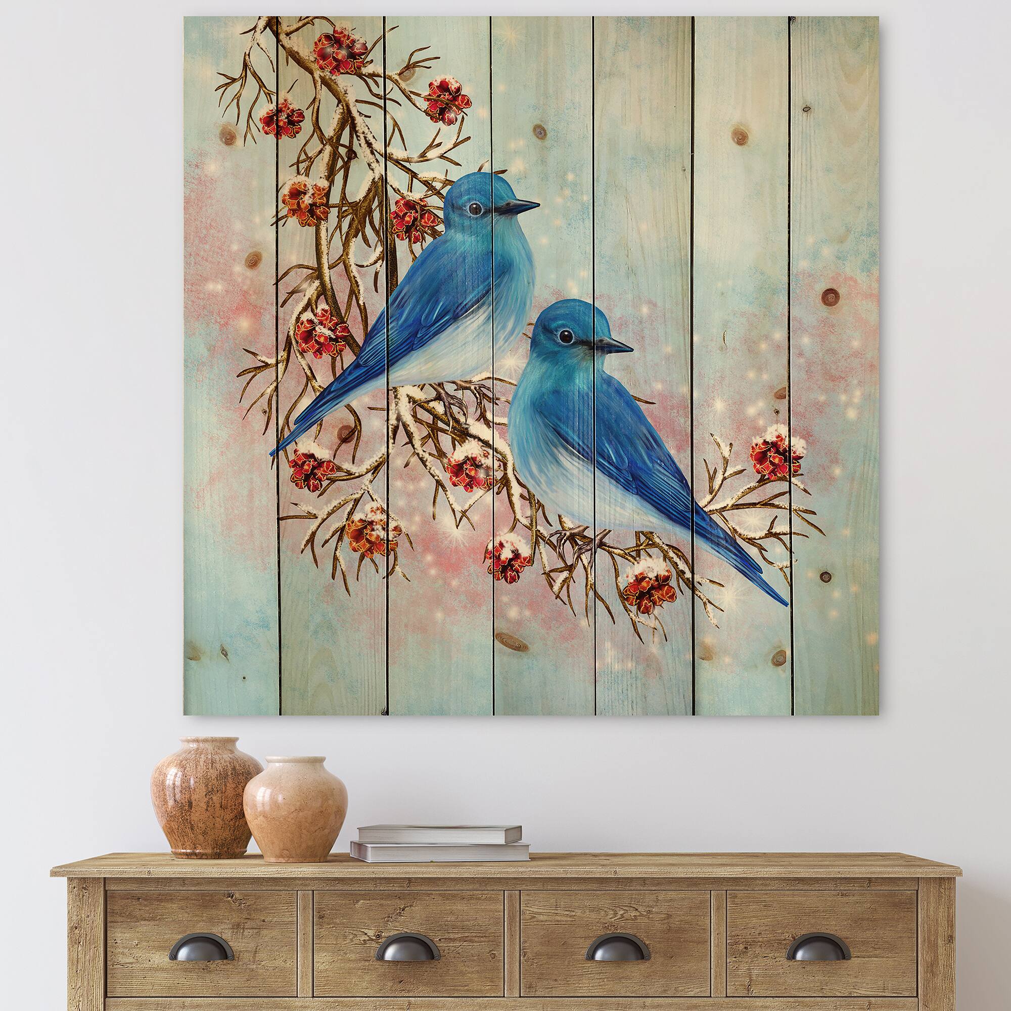 Designart - Two Blue Birds Sitting On A Branch With Berries - Traditional Print on Natural Pine Wood