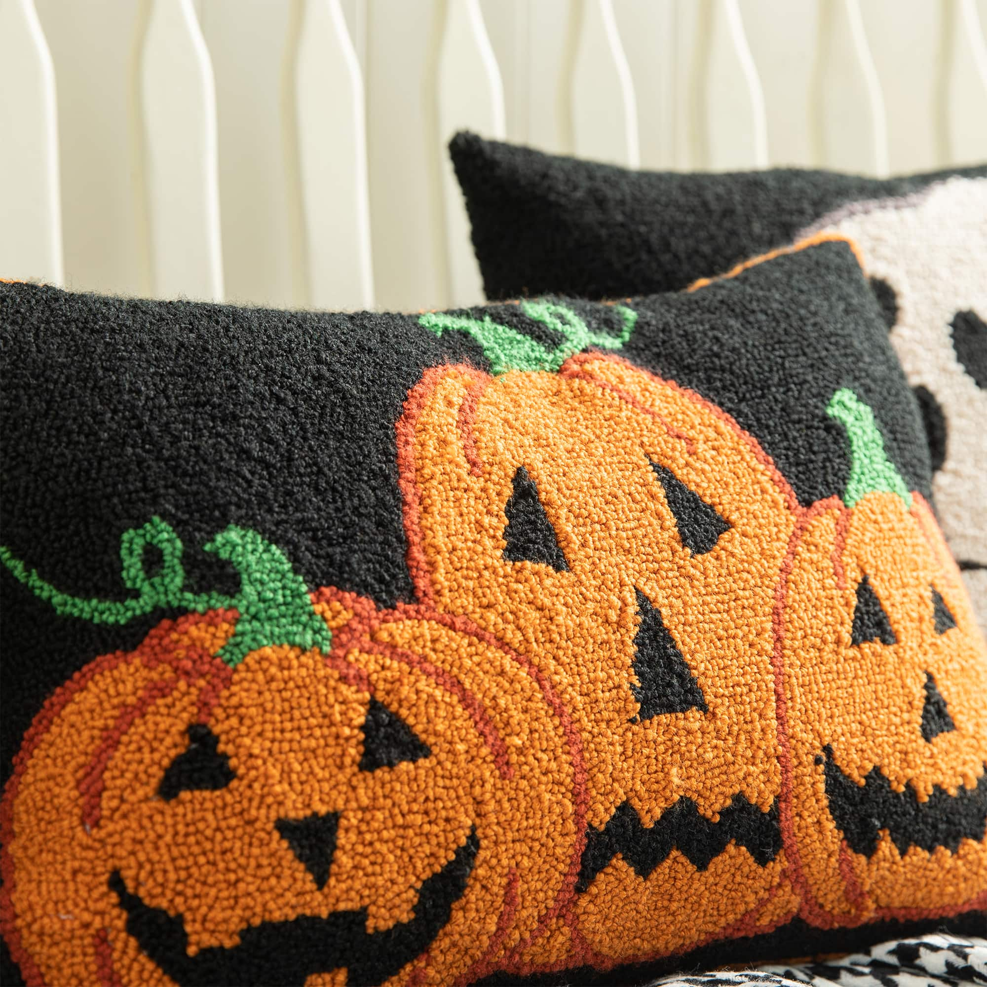 Glitzhome&#xAE; 18&#x22; x 12&#x22; Hooked Halloween Pumpkins Pillow