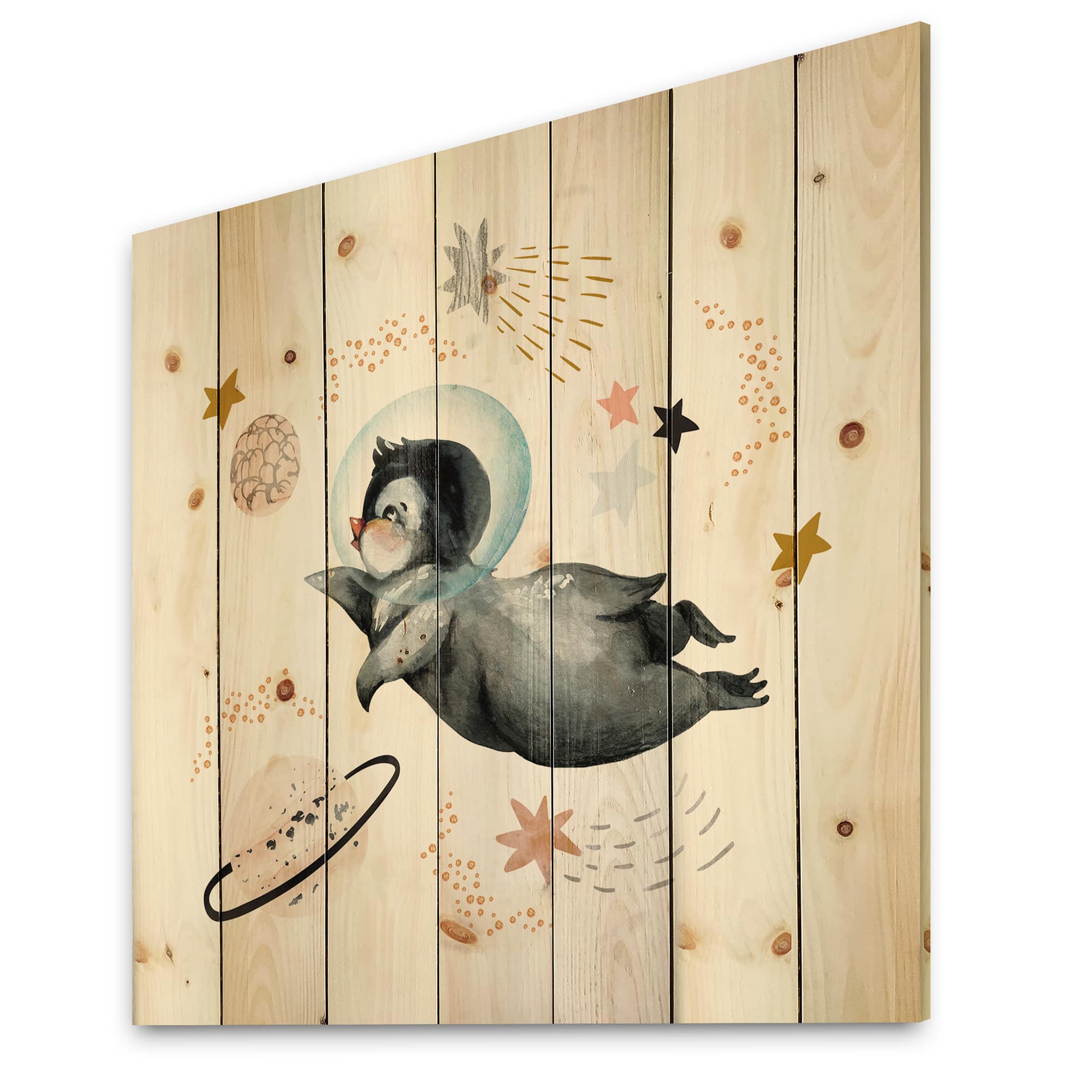 Designart - Little Penguin Flying Stars and Planets II - Farmhouse Print on Natural Pine Wood