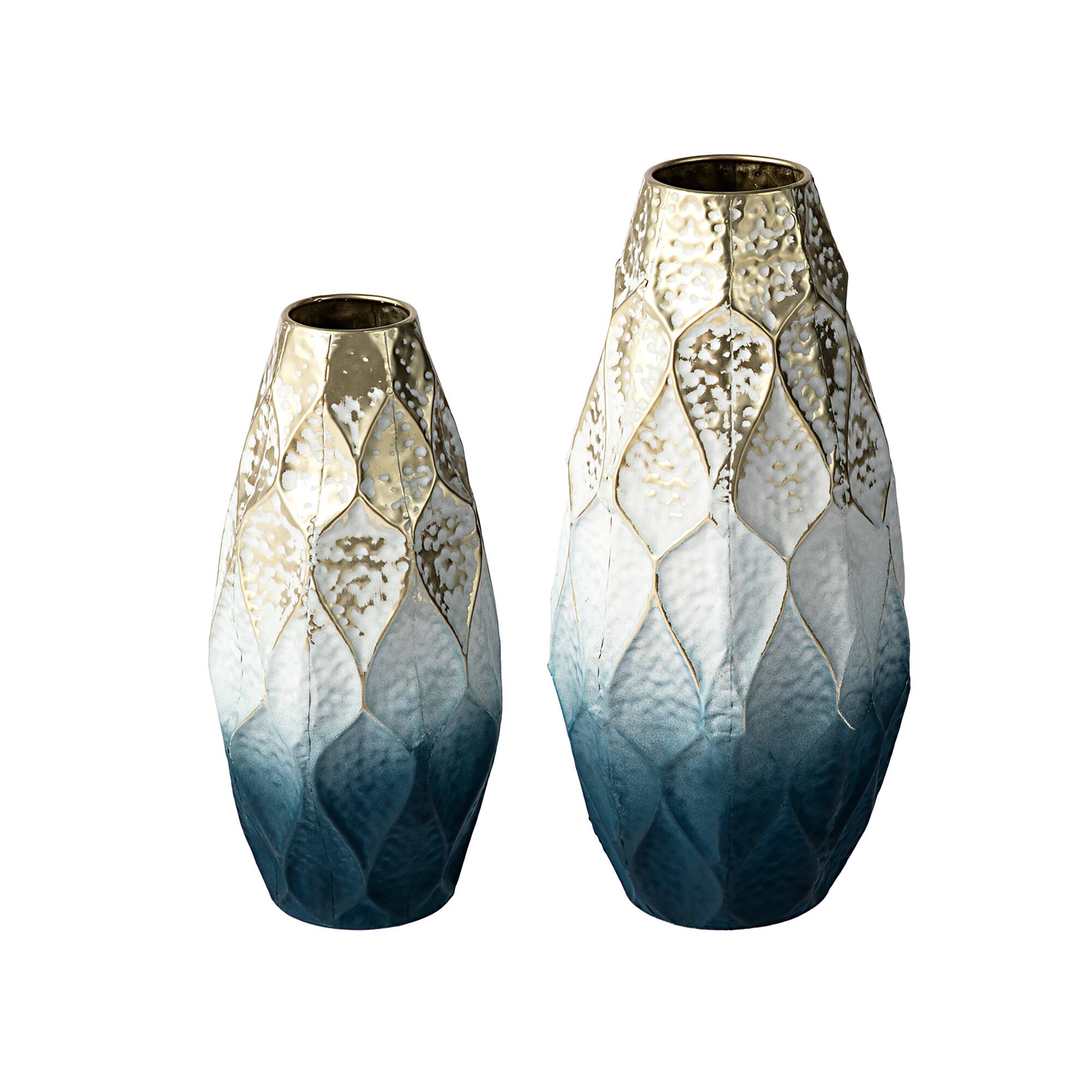 Glitzhome® Abstract Ombre Blue & Gold Metal Floor Vases Set