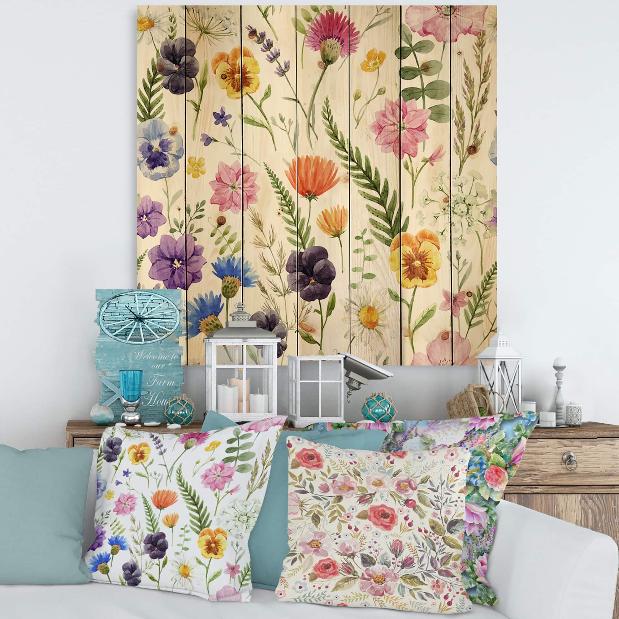 Designart - Wildflowers Floral Pattern I - Traditional Print on Natural Pine Wood