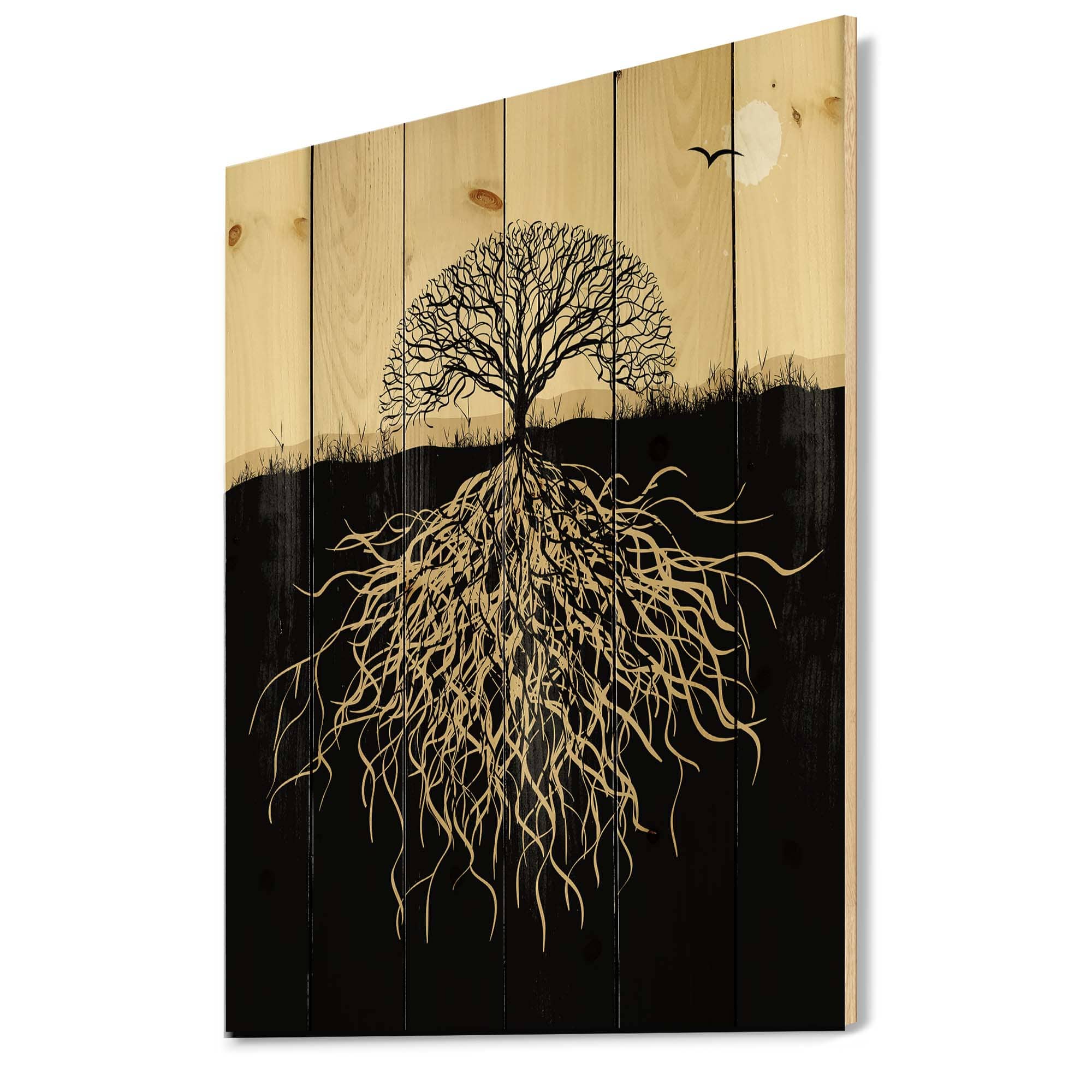 Designart - Tree Silhouette With Roots - Traditional Print on Natural Pine Wood