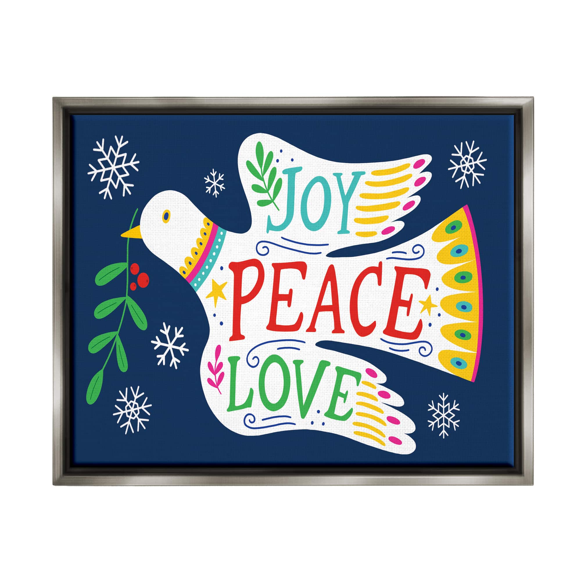 Stupell Industries Joy Peace Love Dove Holly Sprig Framed Floater Canvas Wall Art