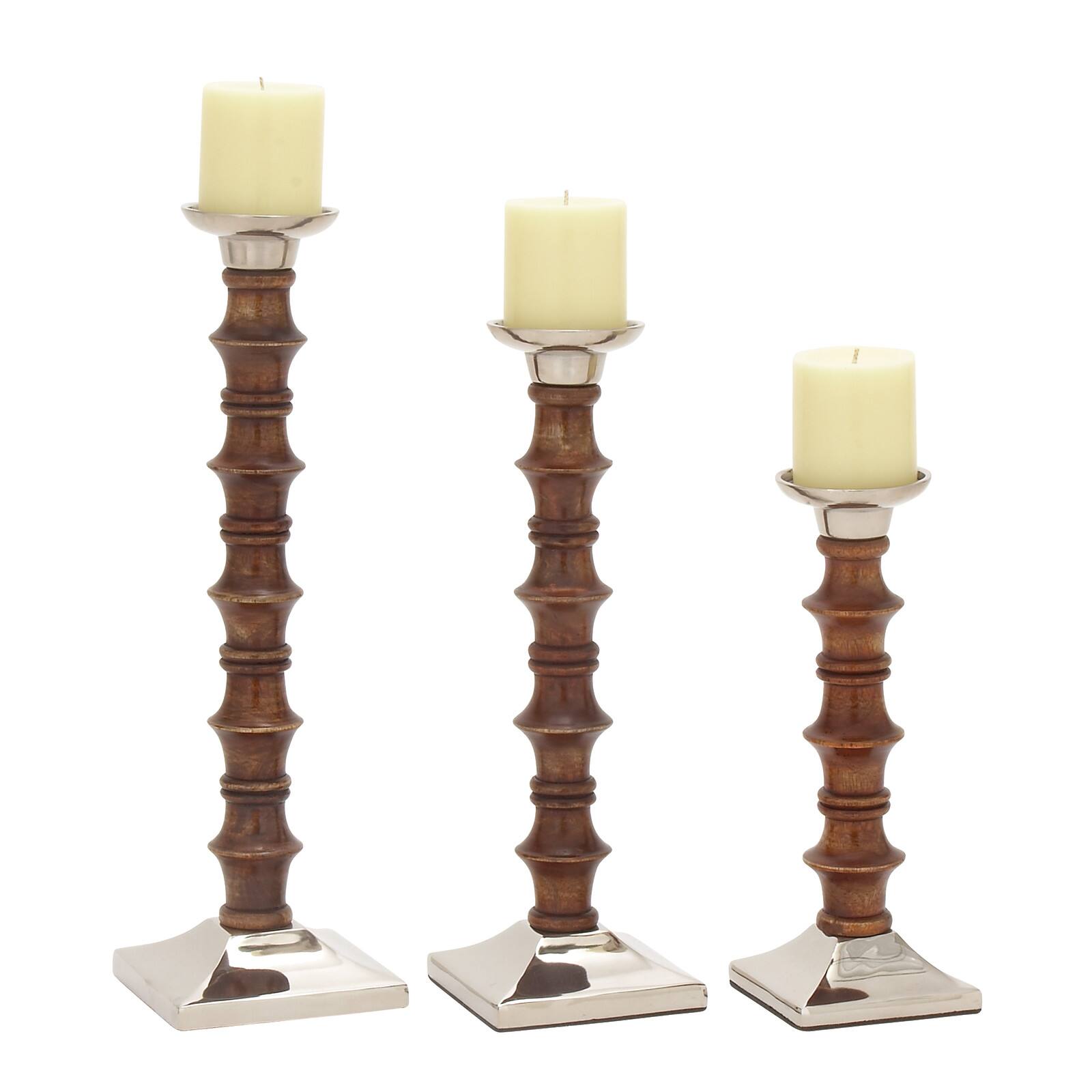 Brown Wood &#x26; Aluminum Pillar Candle Holder Set