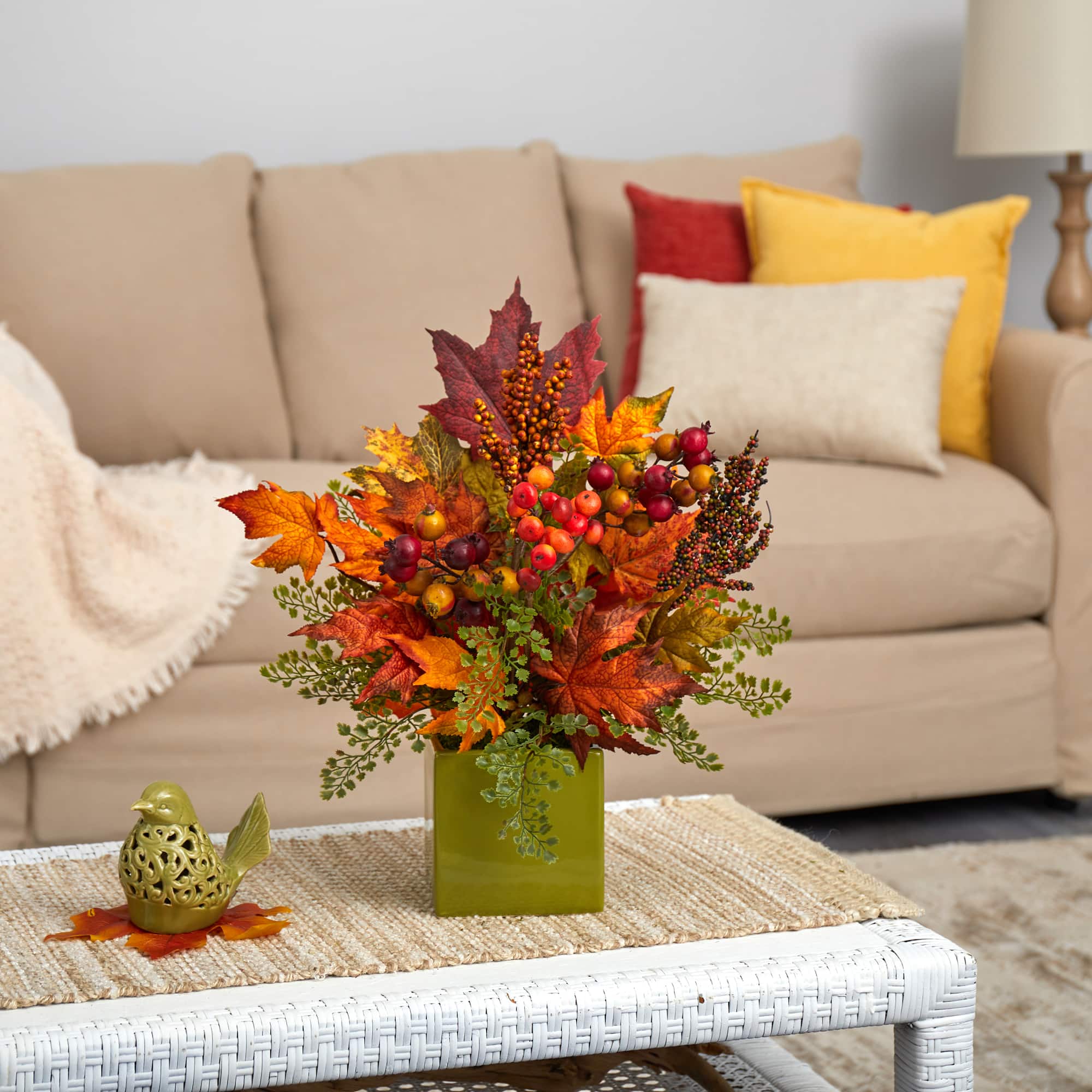 17in. Maple Leaf, Berries, Maiden Hair Arrangement in Green Vase