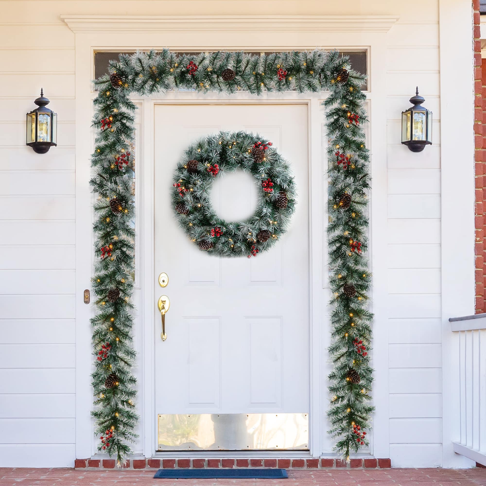 Glitzhome&#xAE; 9ft. Pre-Lit Greenery Pinecones &#x26; Red Berries Christmas Garland