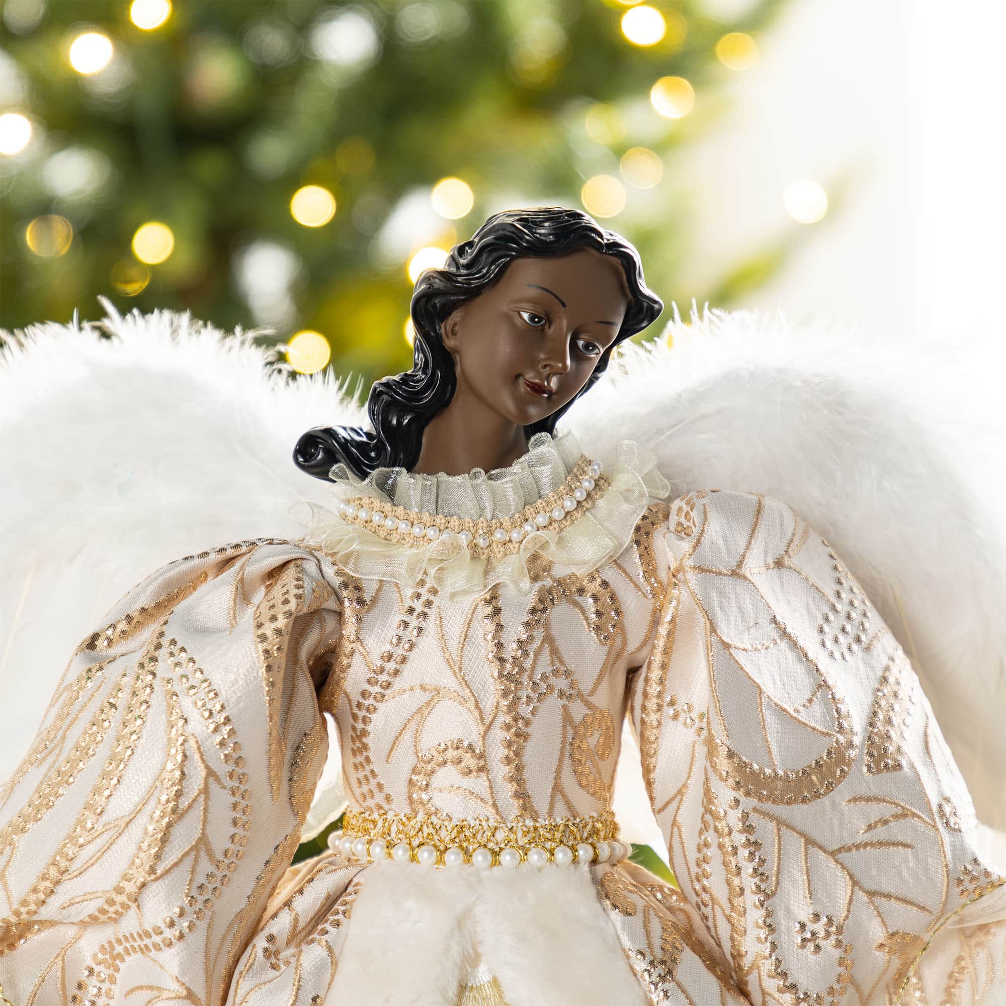 Glitzhome® 24"H Faux Fur & PVC Christmas Elegant African American Angel Tree Topper