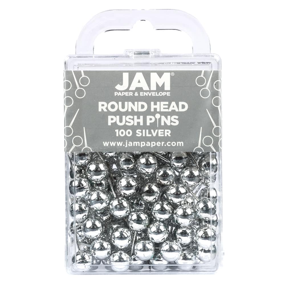 JAM PAPER Round Head Push Pins, White, 100/Pack (346RTWH)