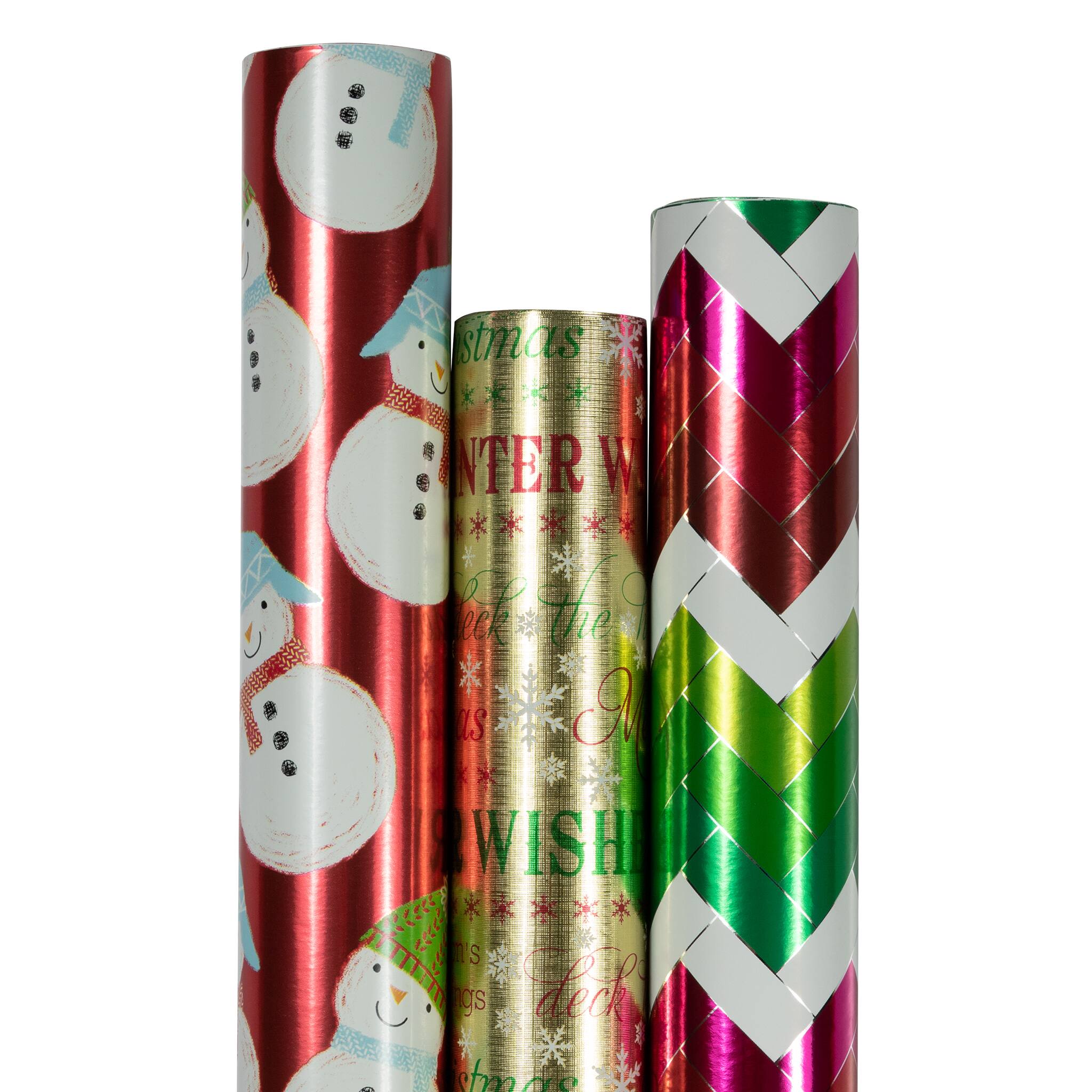 JAM Paper Red Foil Merry Christmas, Green Greetings &#x26; Green Red Stripe Gift Wrap Set