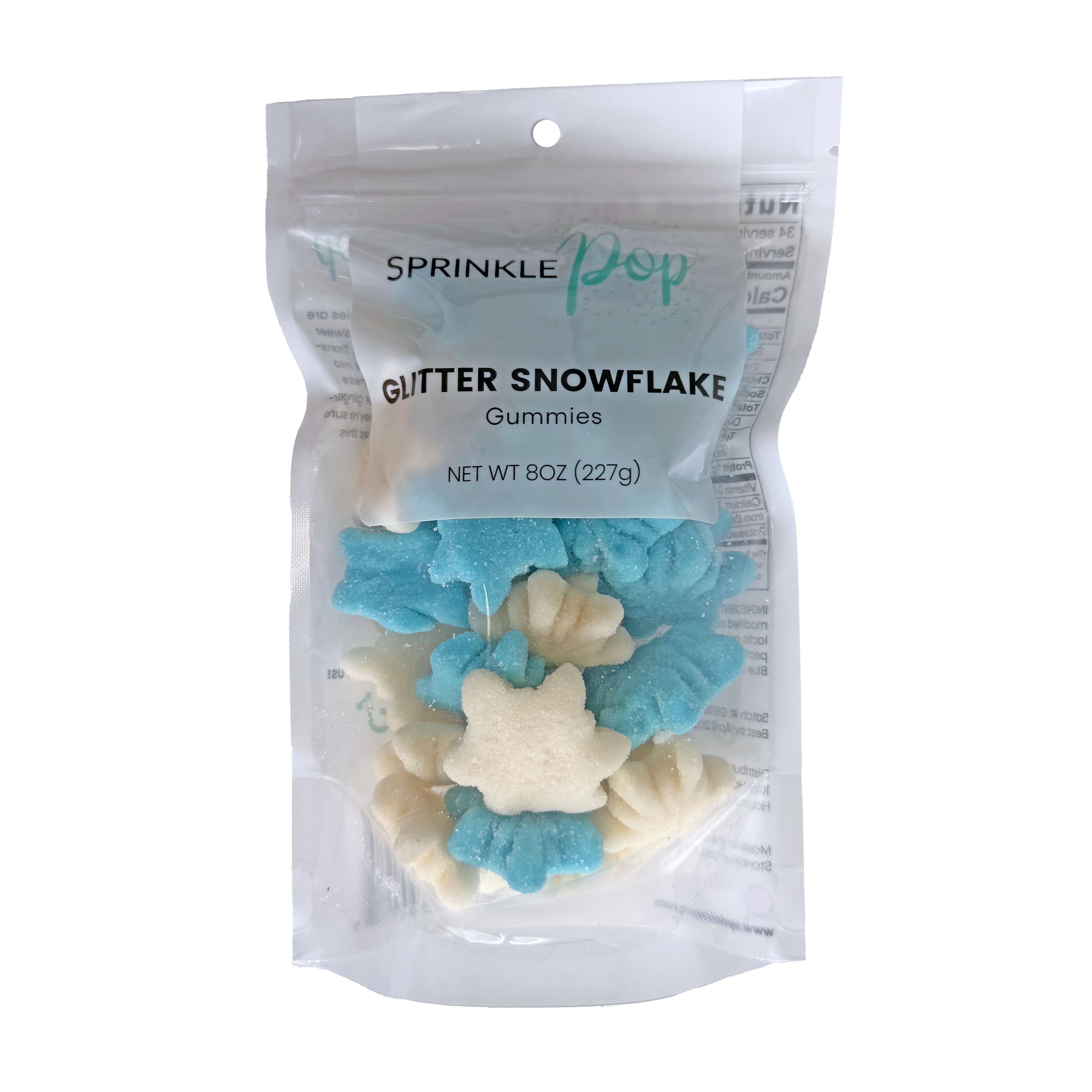 Sprinkle Pop 8oz. Blue &#x26; White Glitter Snowflake Gummies