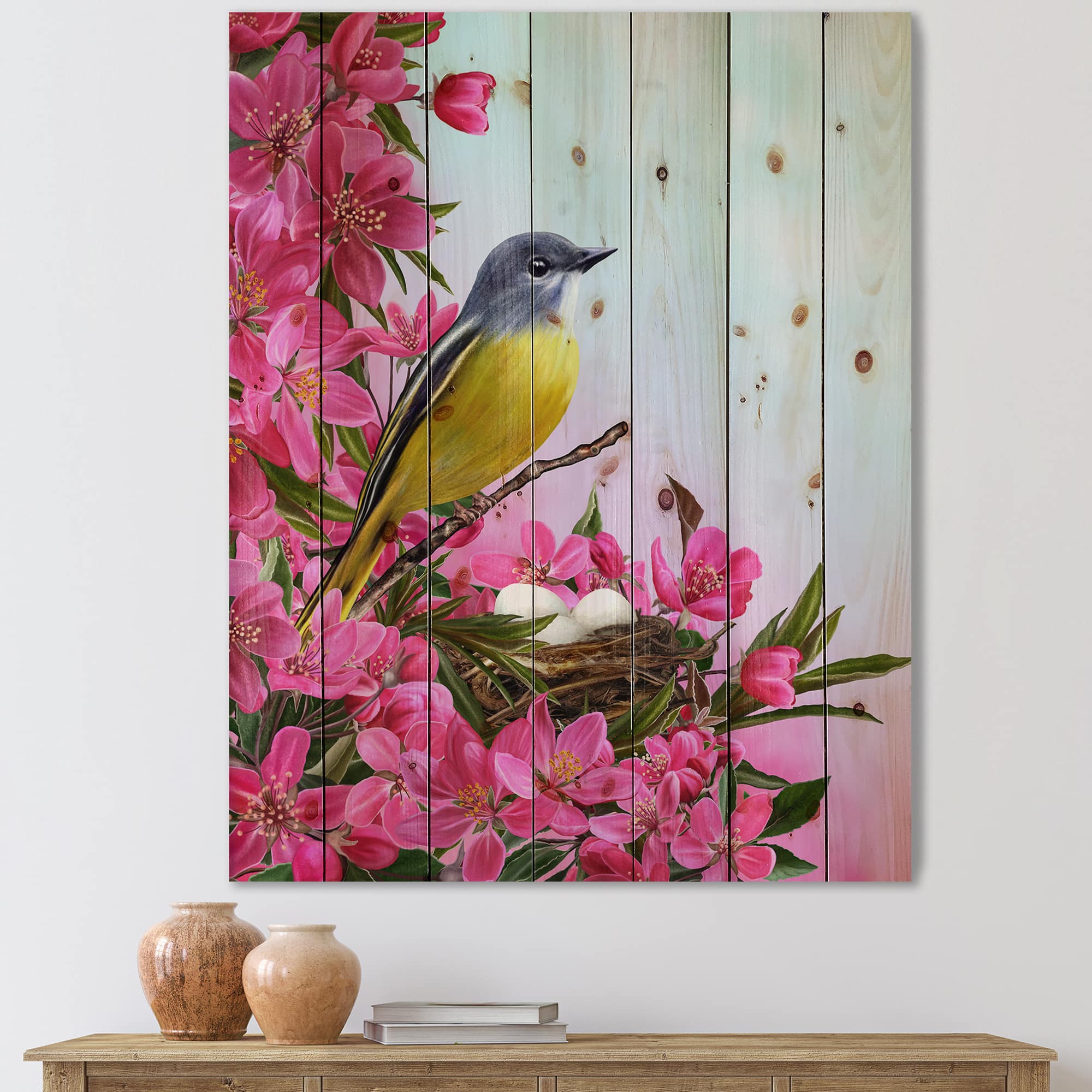 Designart - Little Yellow Bird Near The Nest with Flowers