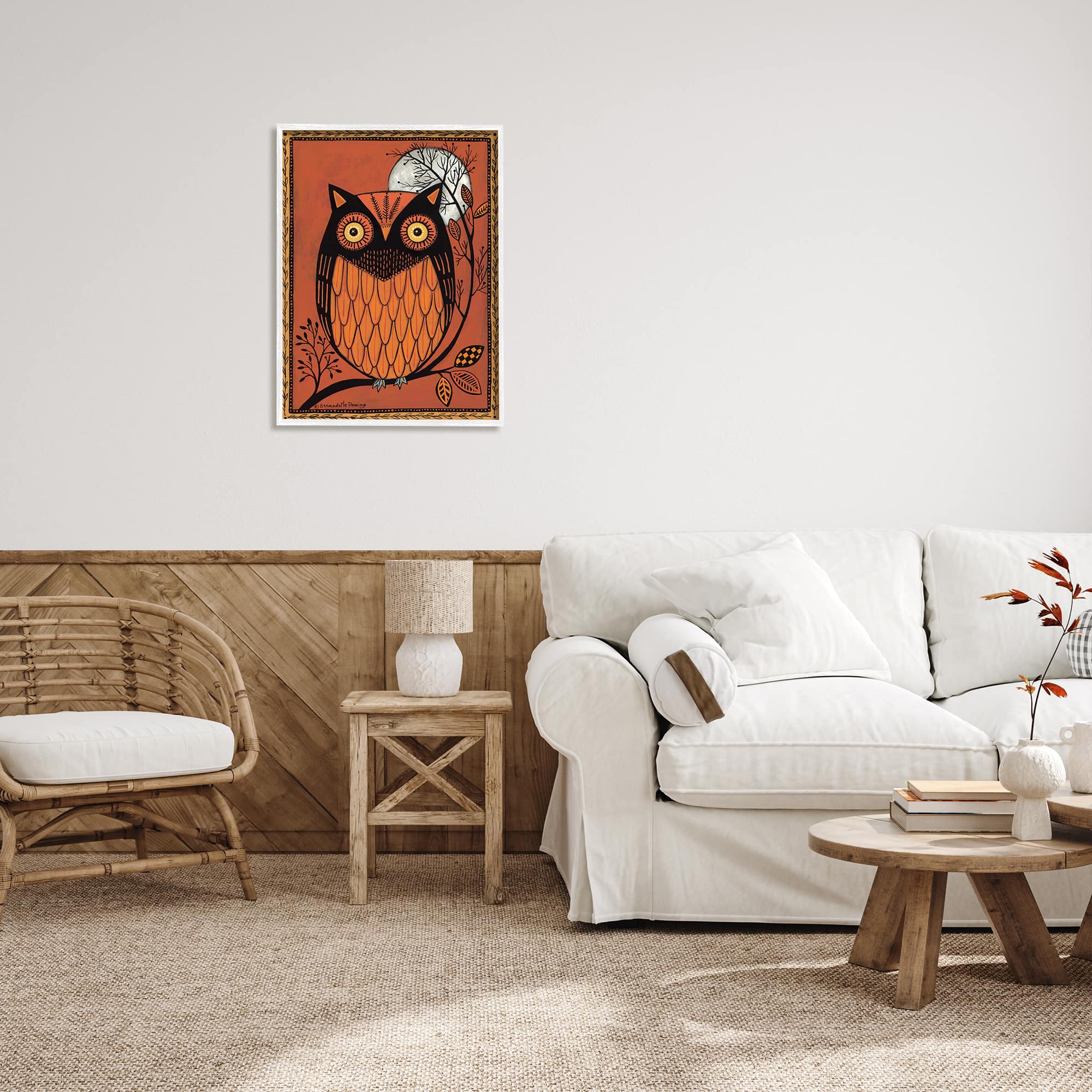 Stupell Industries Round Owl Autumn Botanical Border Framed Giclee Art