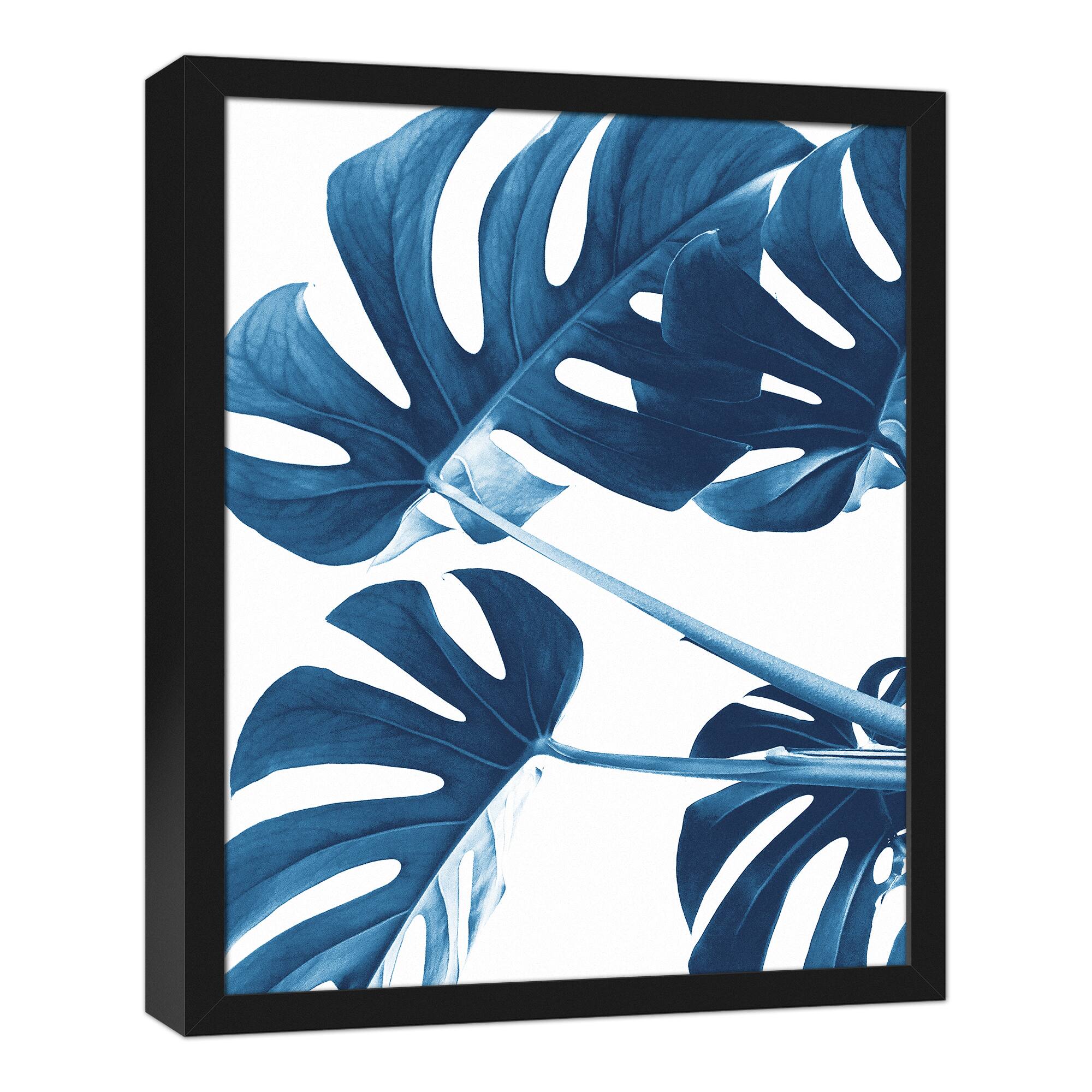 Blue Monstera Canvas Wall Art in Black Frame